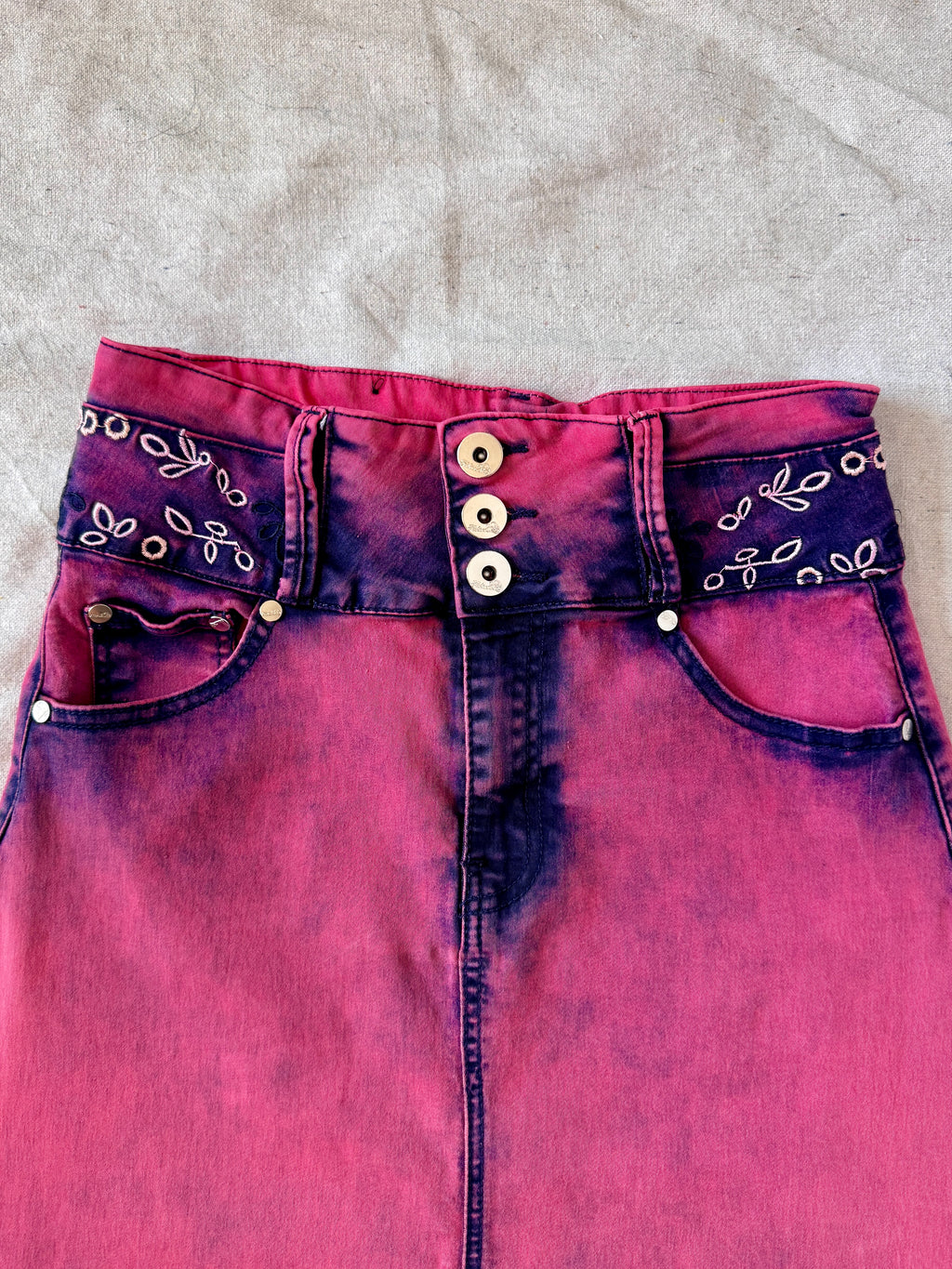 90s/Y2K Pink Whimsigoth Bleach Dye Embroidered Midi Skirt