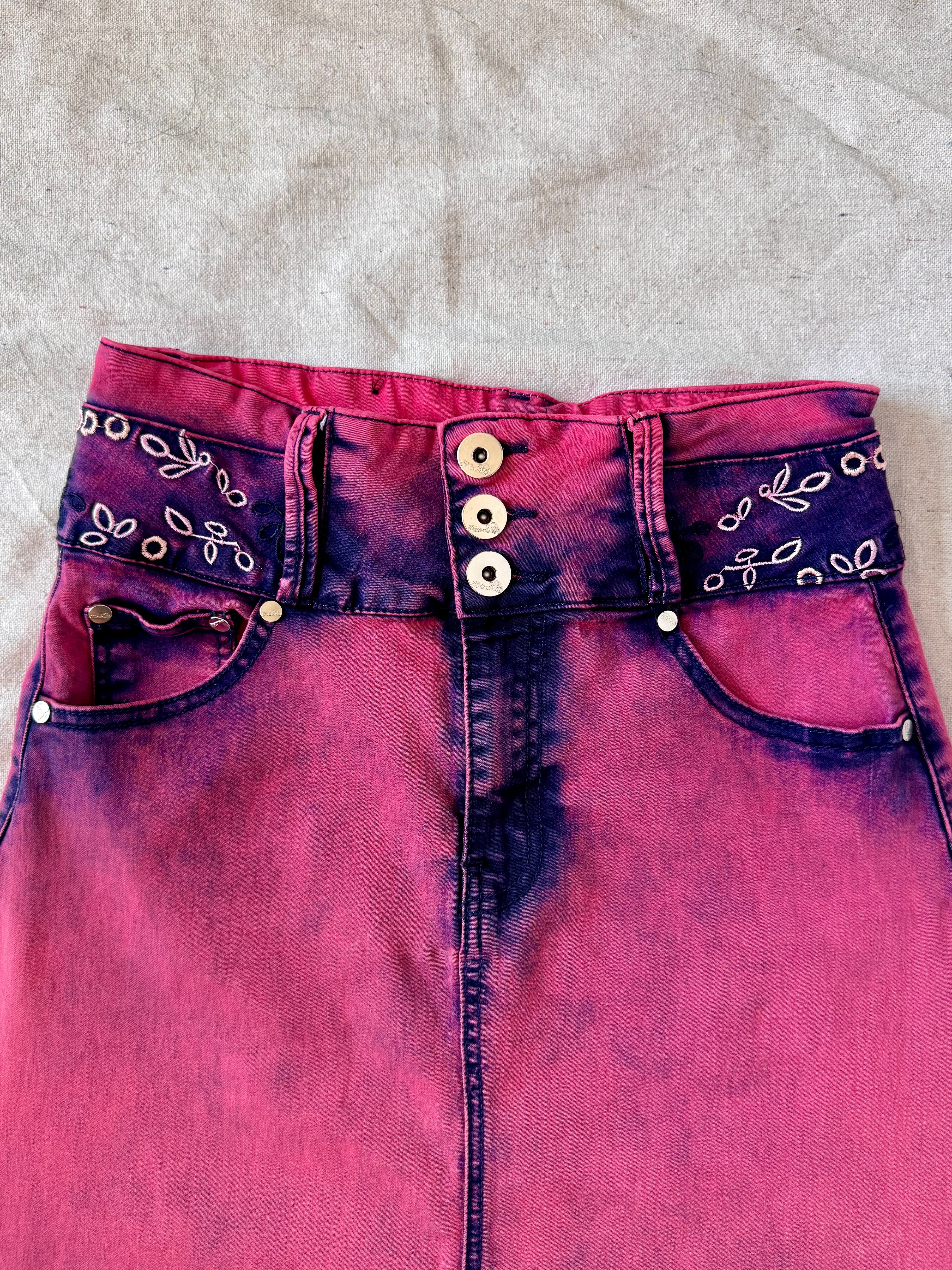 90s/Y2K Pink Whimsigoth Bleach Dye Embroidered Midi Skirt