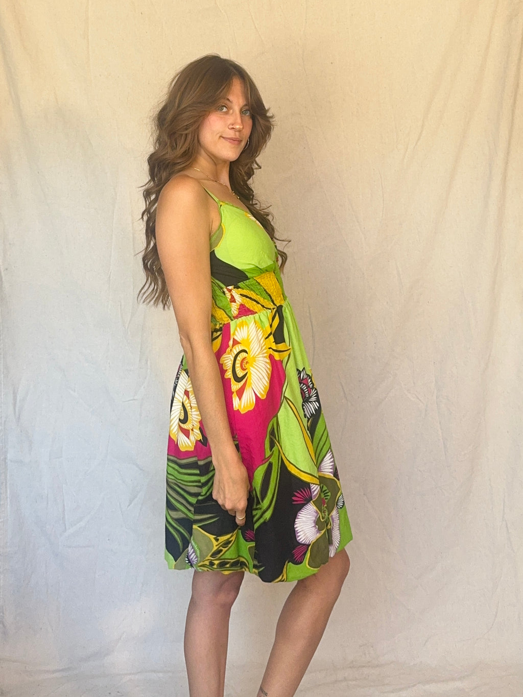 Y2K Green and Pink Cotton Floral Strappy Sun Dress