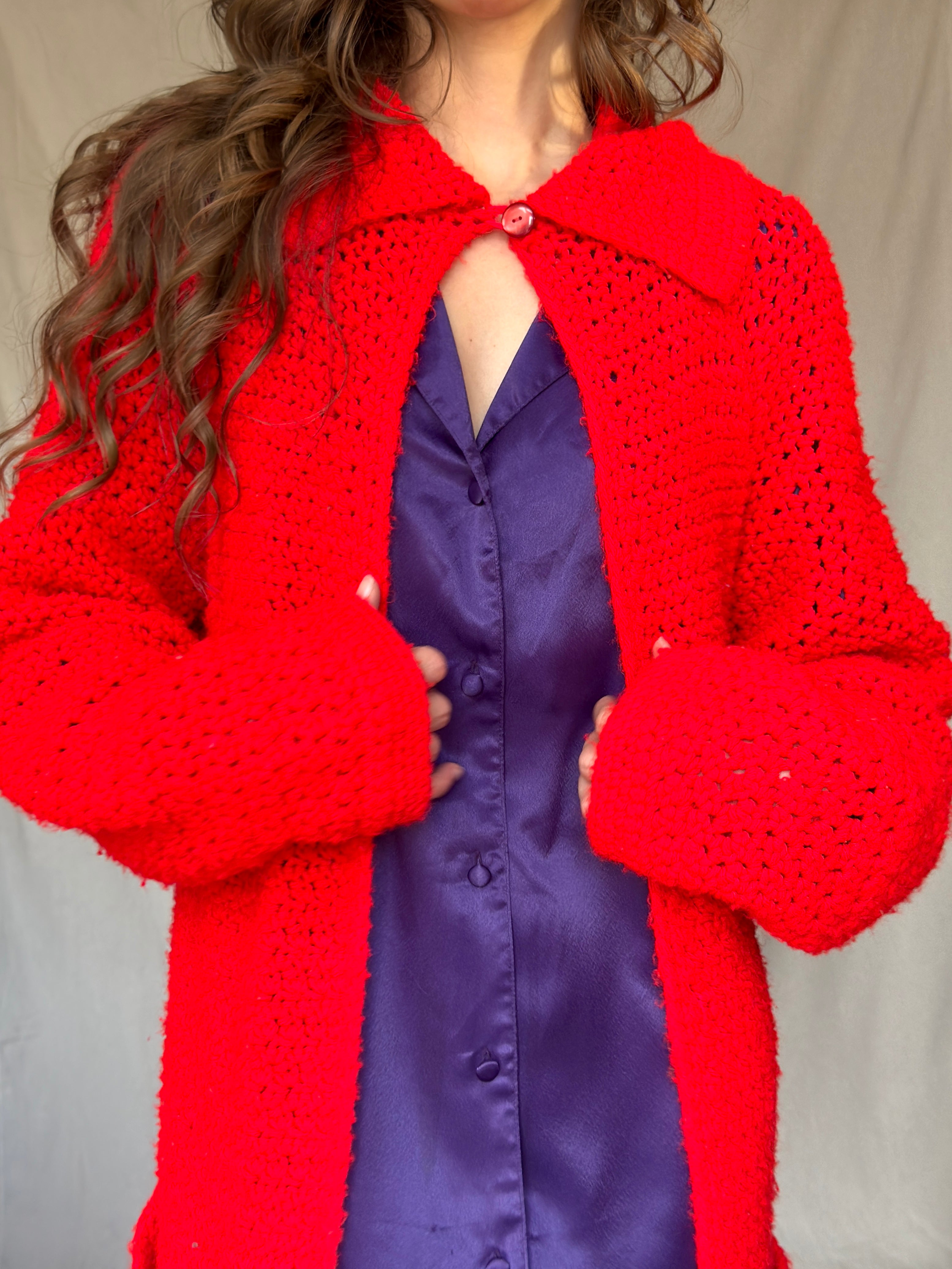 Bright Red Chunky Cardigan Sweater