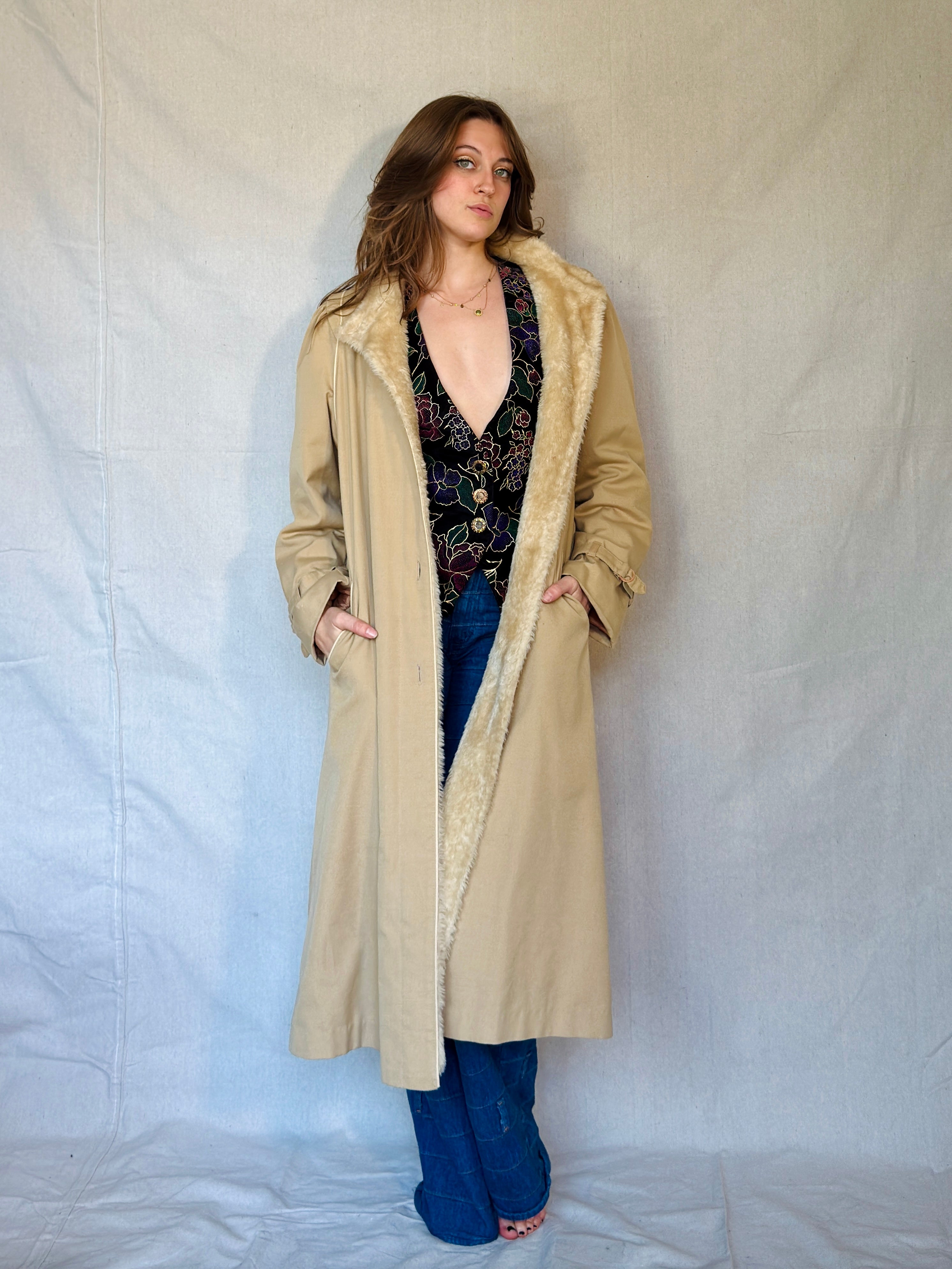 70s Tan Faux Shearling Trench Coat