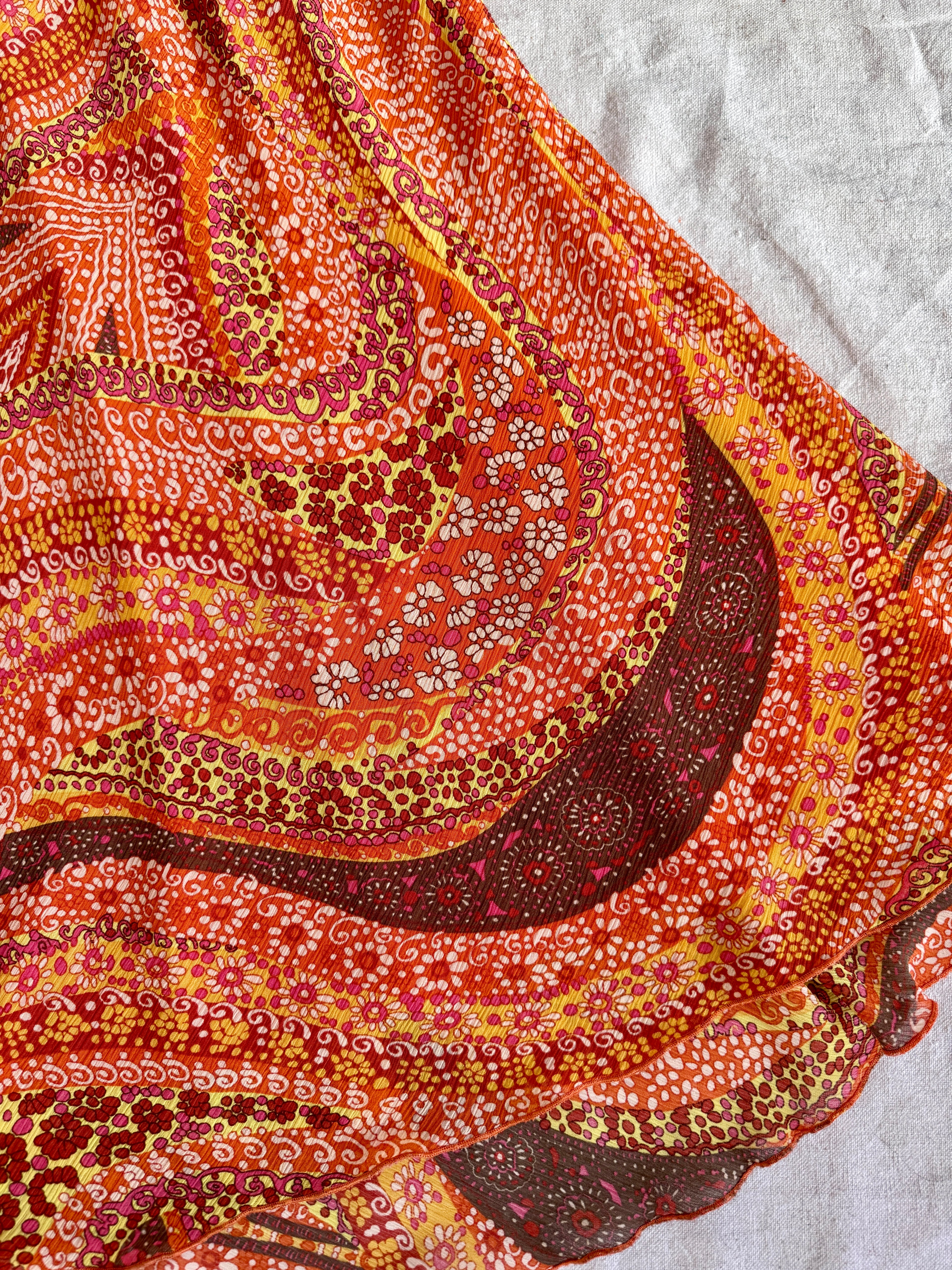Orange Floral Swirl Ruffled Strappy Sundress (Modern)