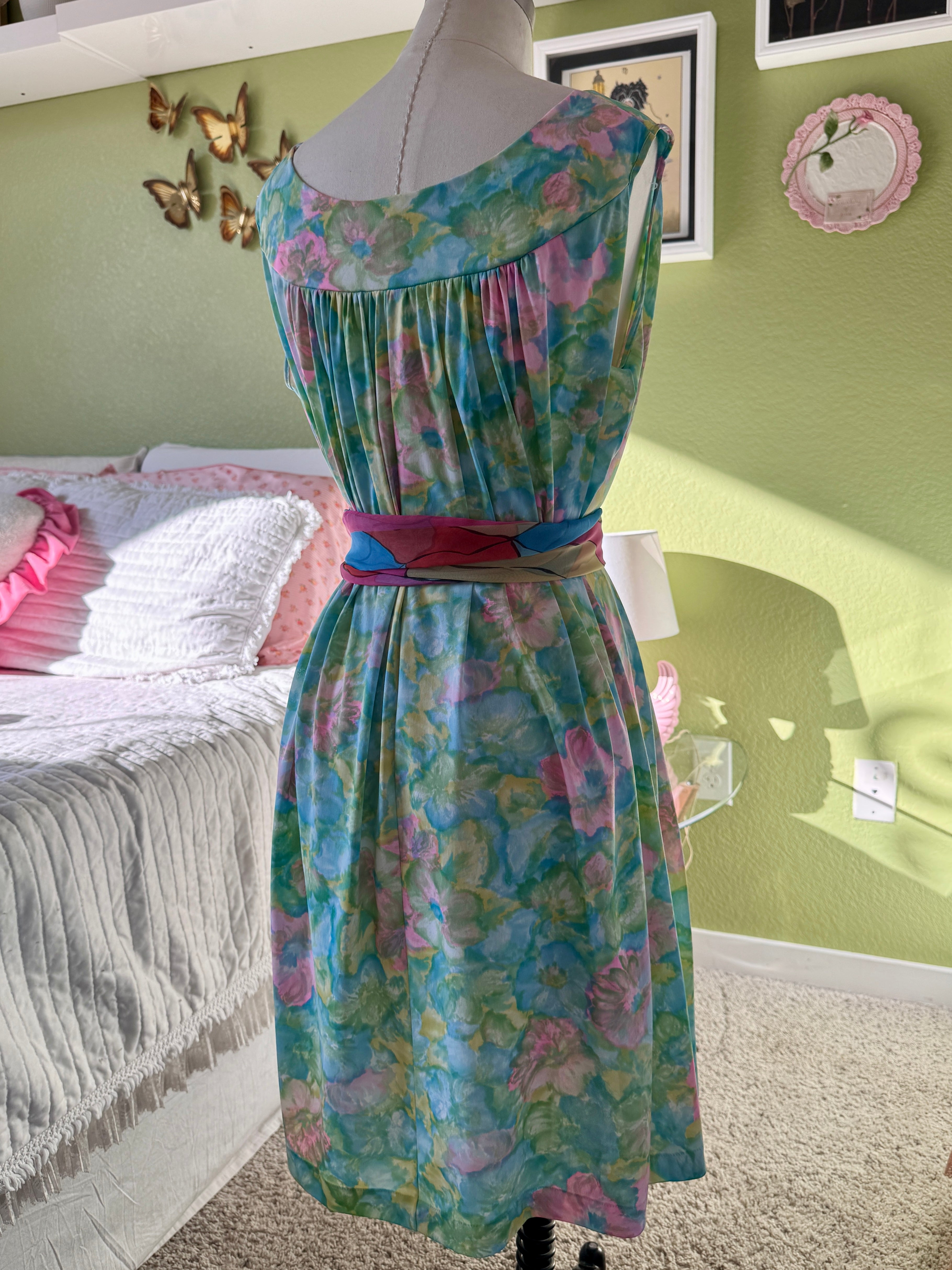 60s Green Soft Floral Babydoll Dress Night Gown
