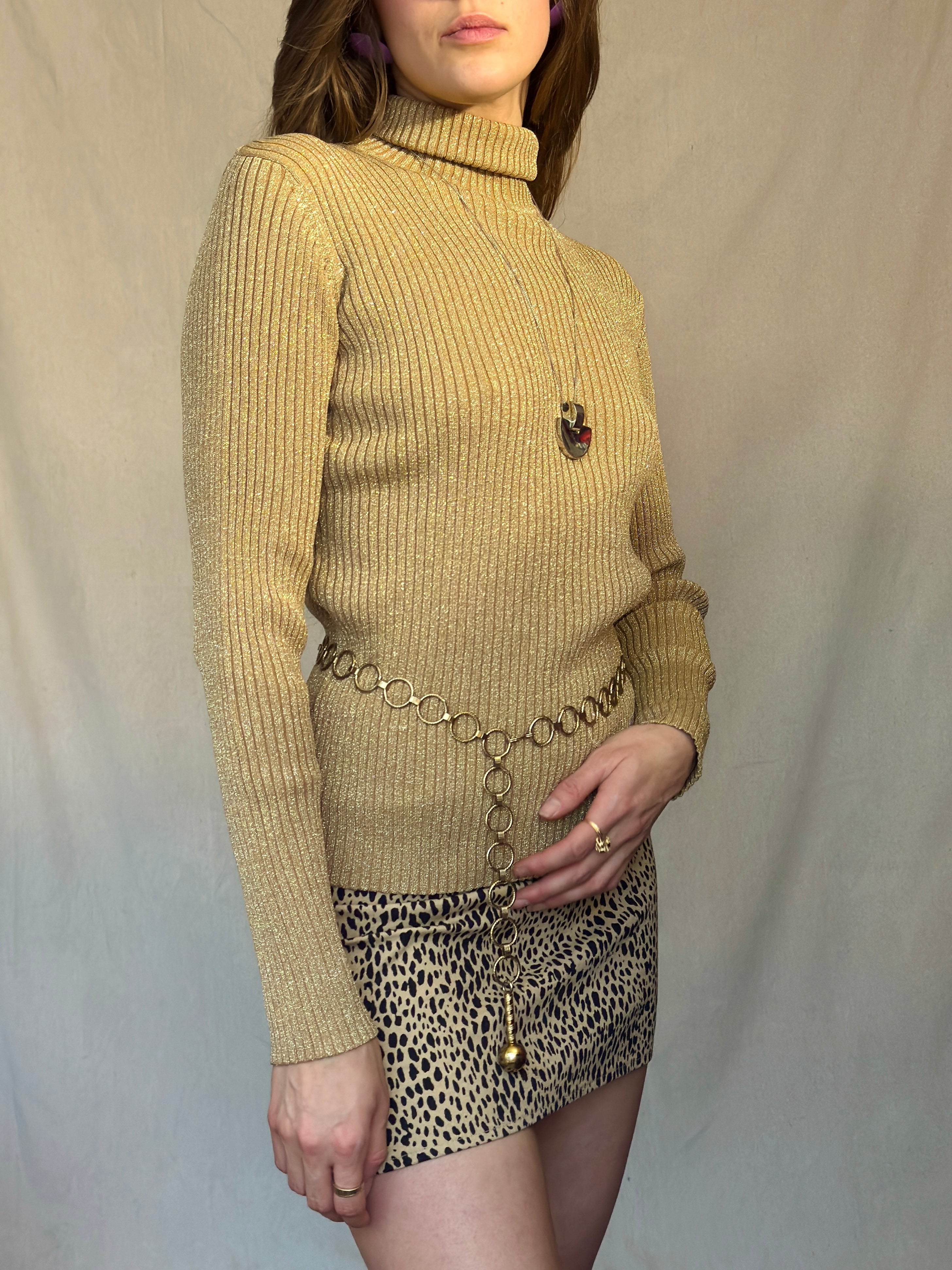 80s Gold Lurex Ribbed Turtleneck Sweater
