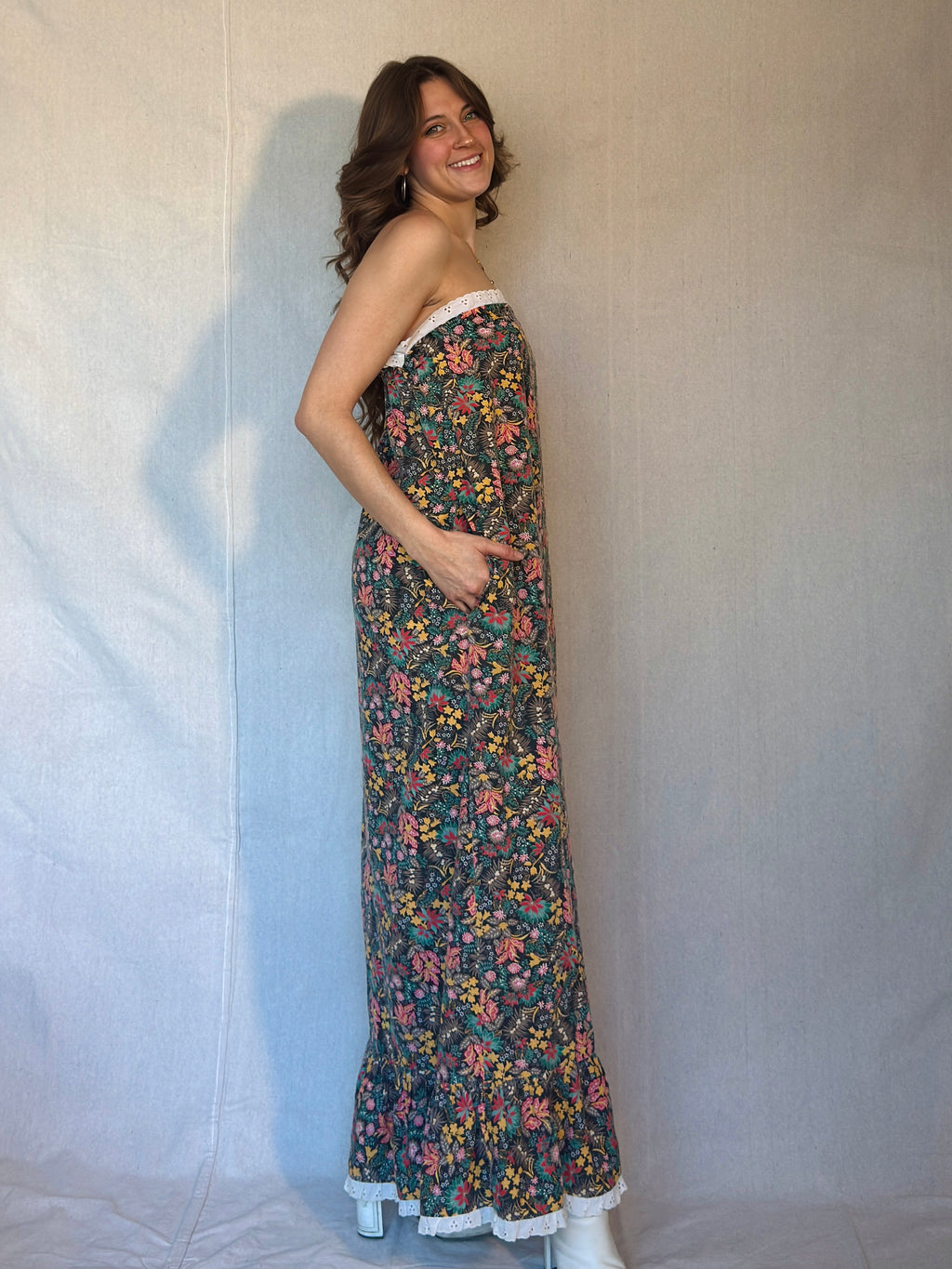 70s Brown Floral Strapless Maxi Dress