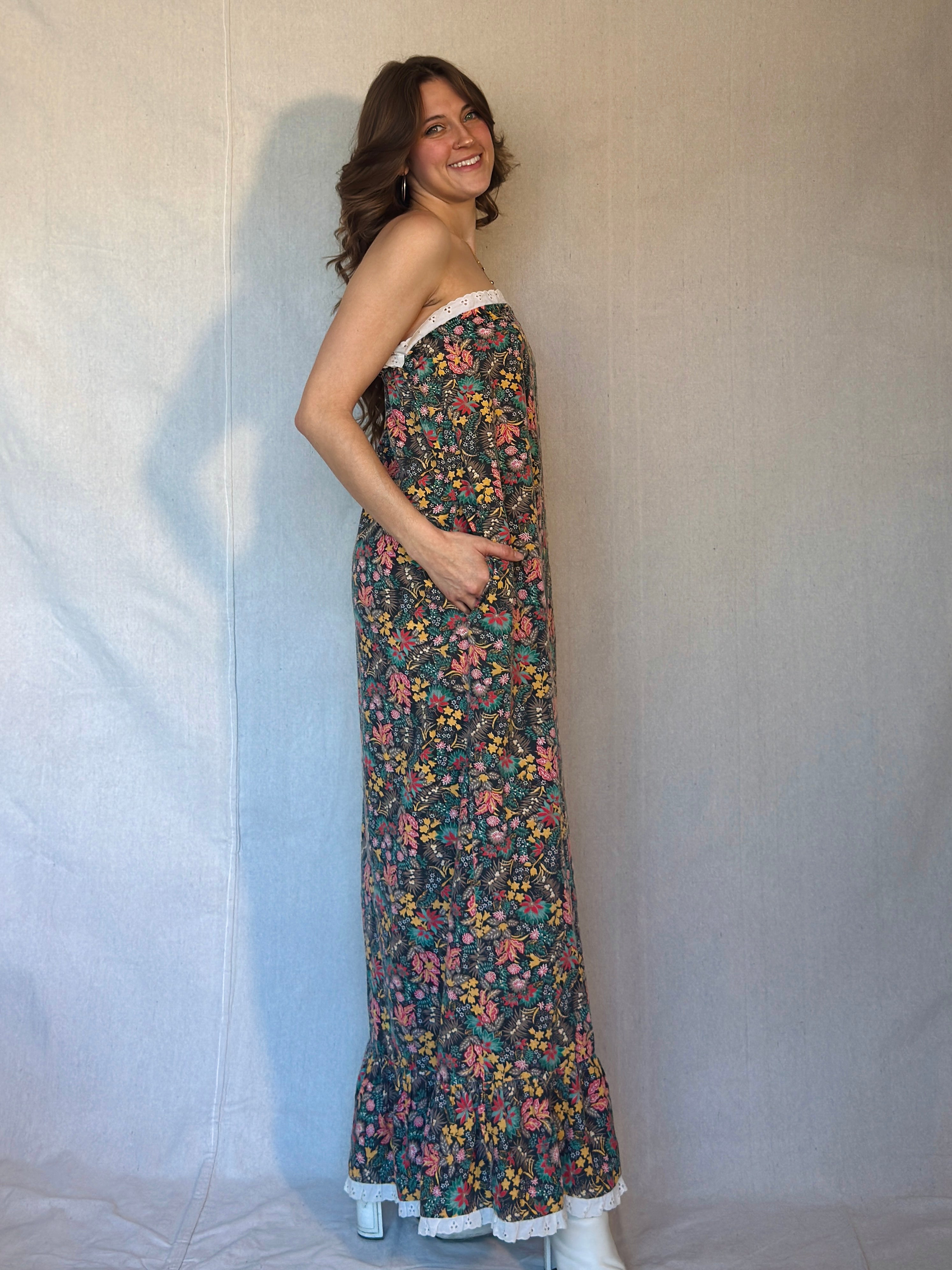 70s Brown Floral Strapless Maxi Dress