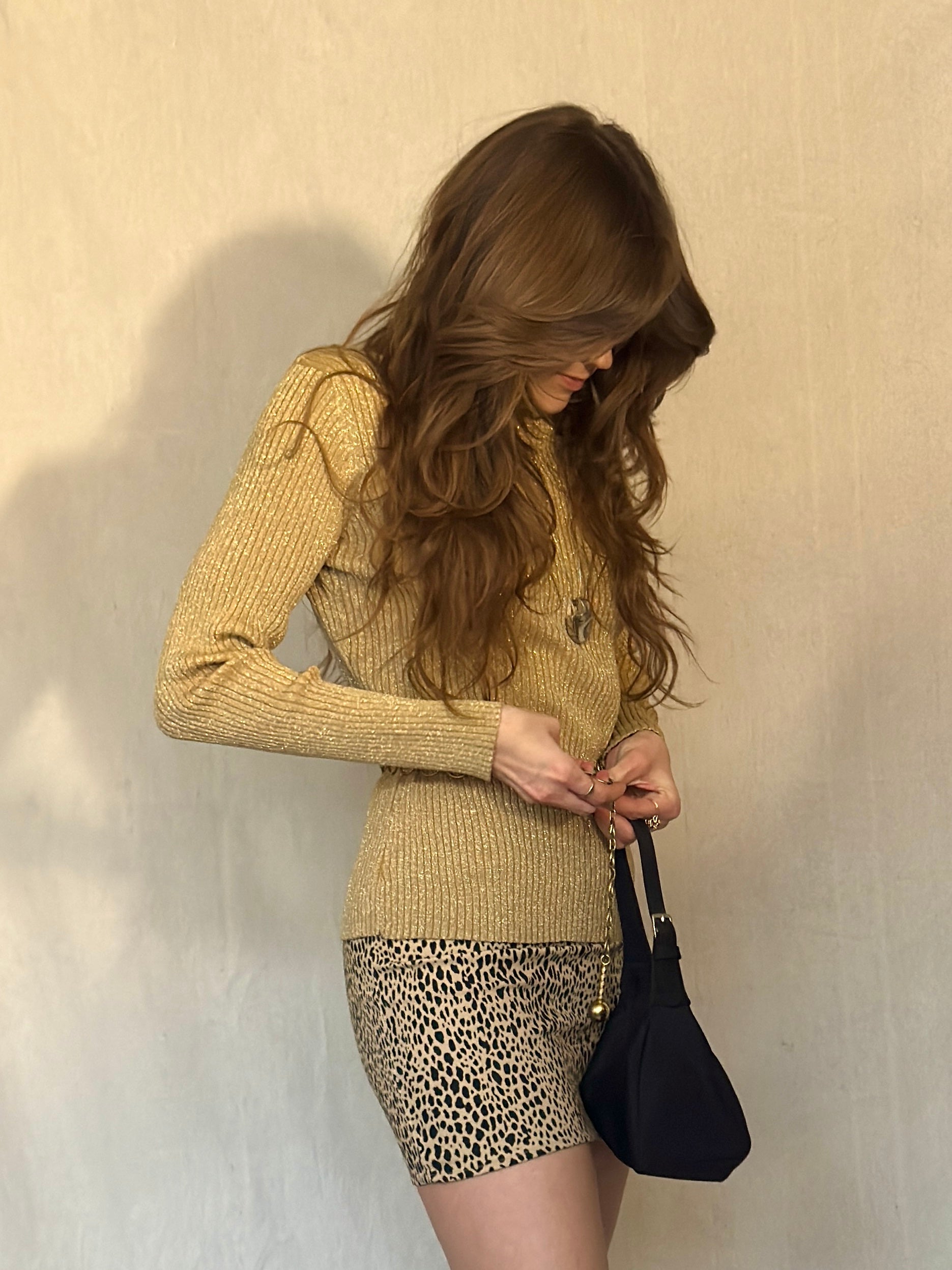 80s Gold Lurex Ribbed Turtleneck Sweater