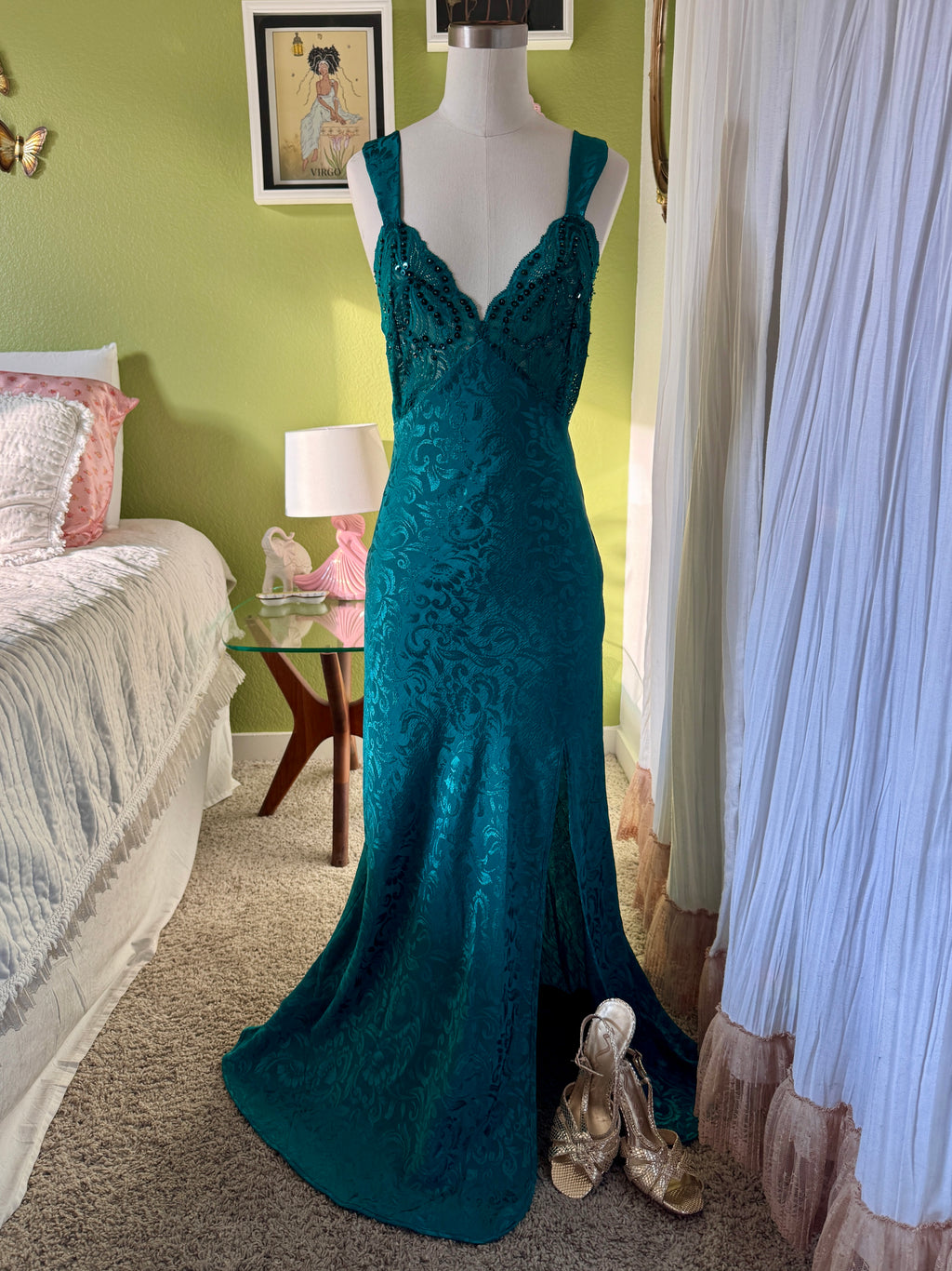 80s Emerald Green Victoria’s Secret Jacquard Beaded Lace Mermaid Slip Dress