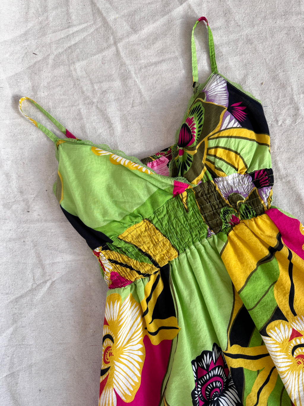 Y2K Green and Pink Cotton Floral Strappy Sun Dress