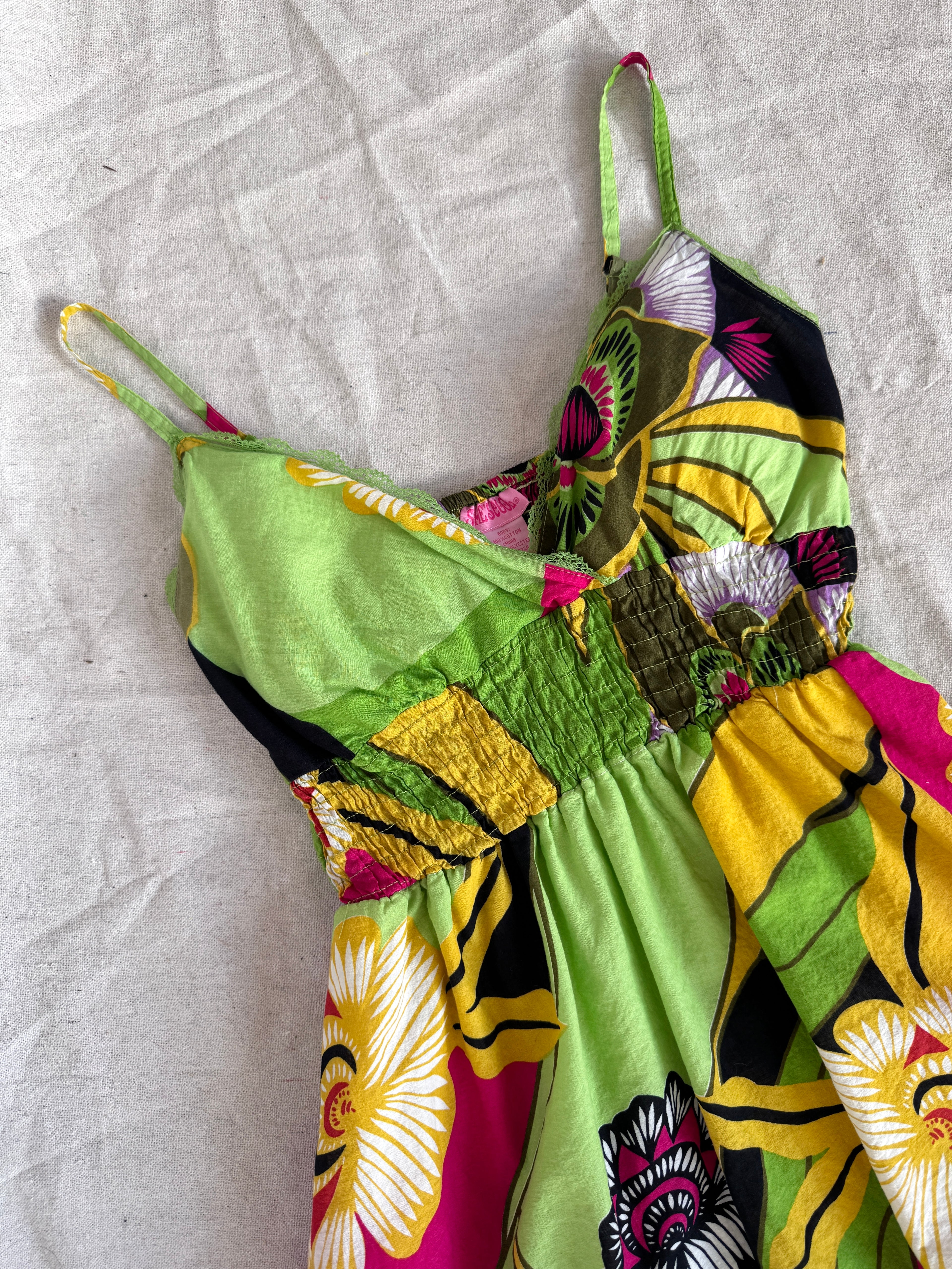 Y2K Green and Pink Cotton Floral Strappy Sun Dress