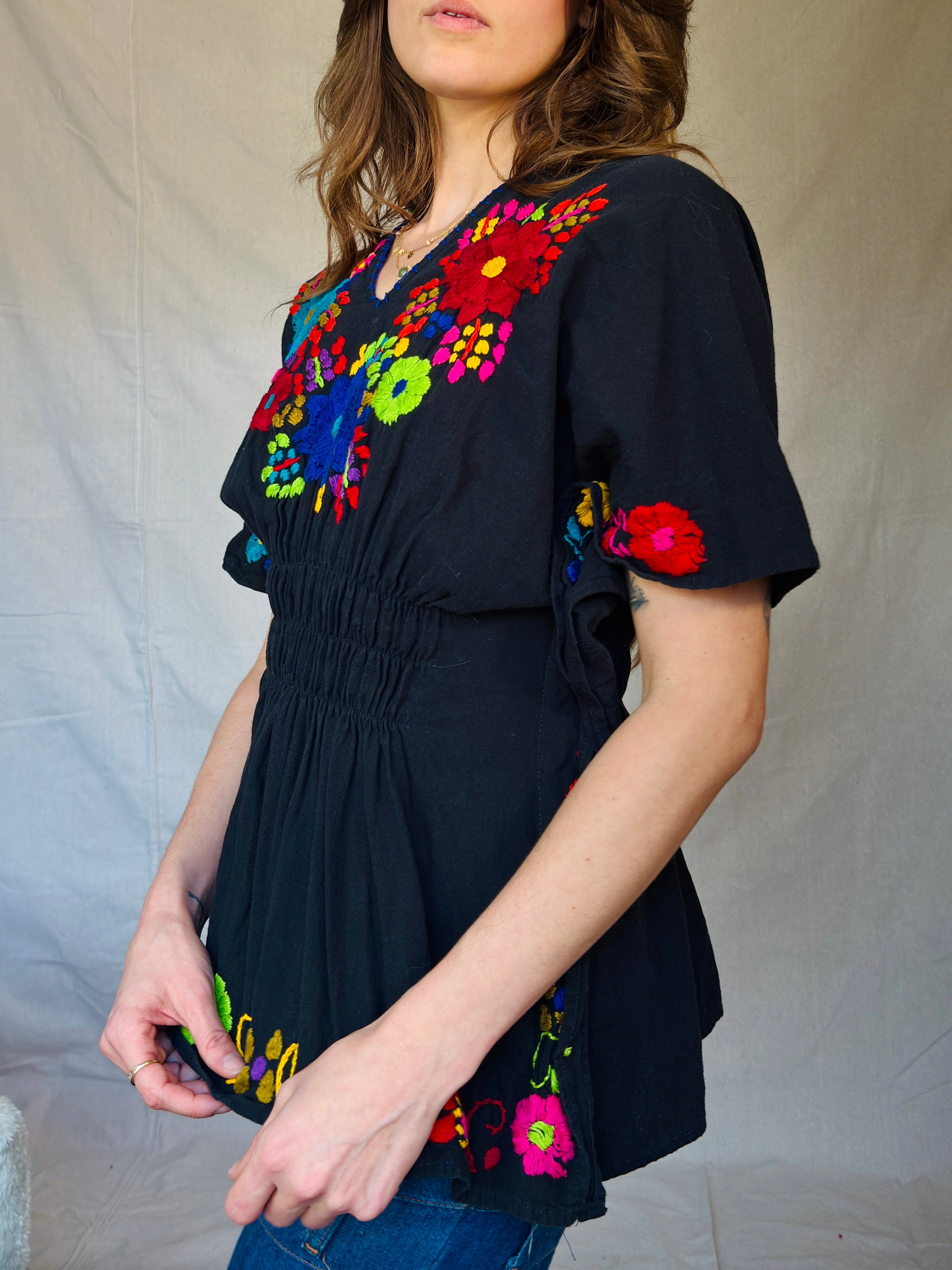 Black Hand Embroidered Peasant Blouse