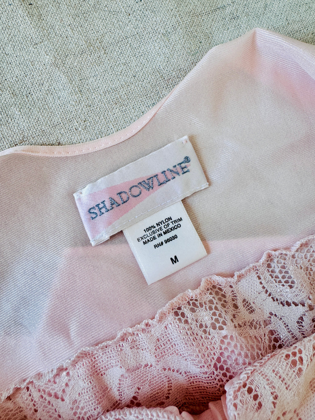90s Baby Pink Nylon Lace Slip Dress