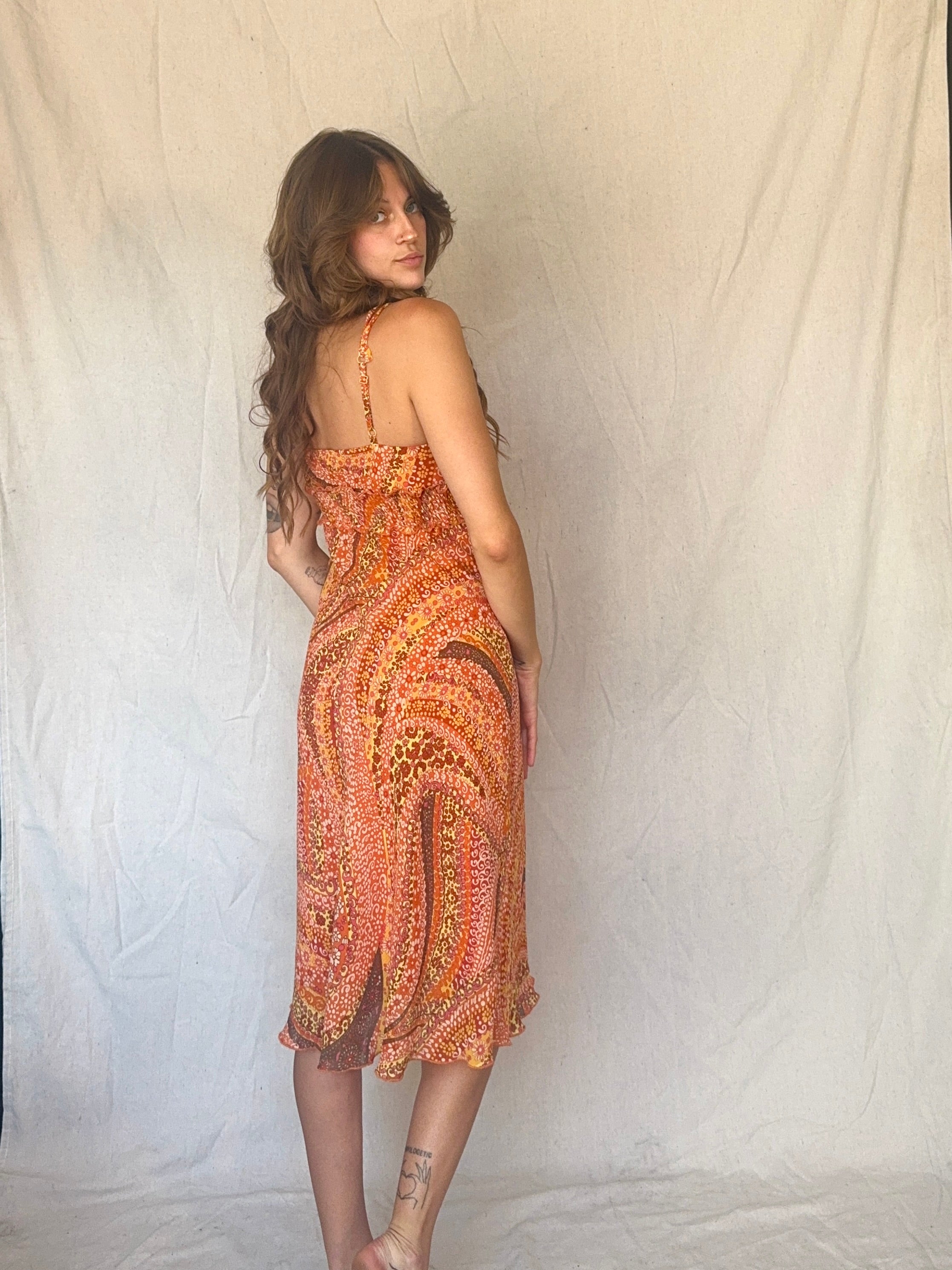 Orange Floral Swirl Ruffled Strappy Sundress (Modern)