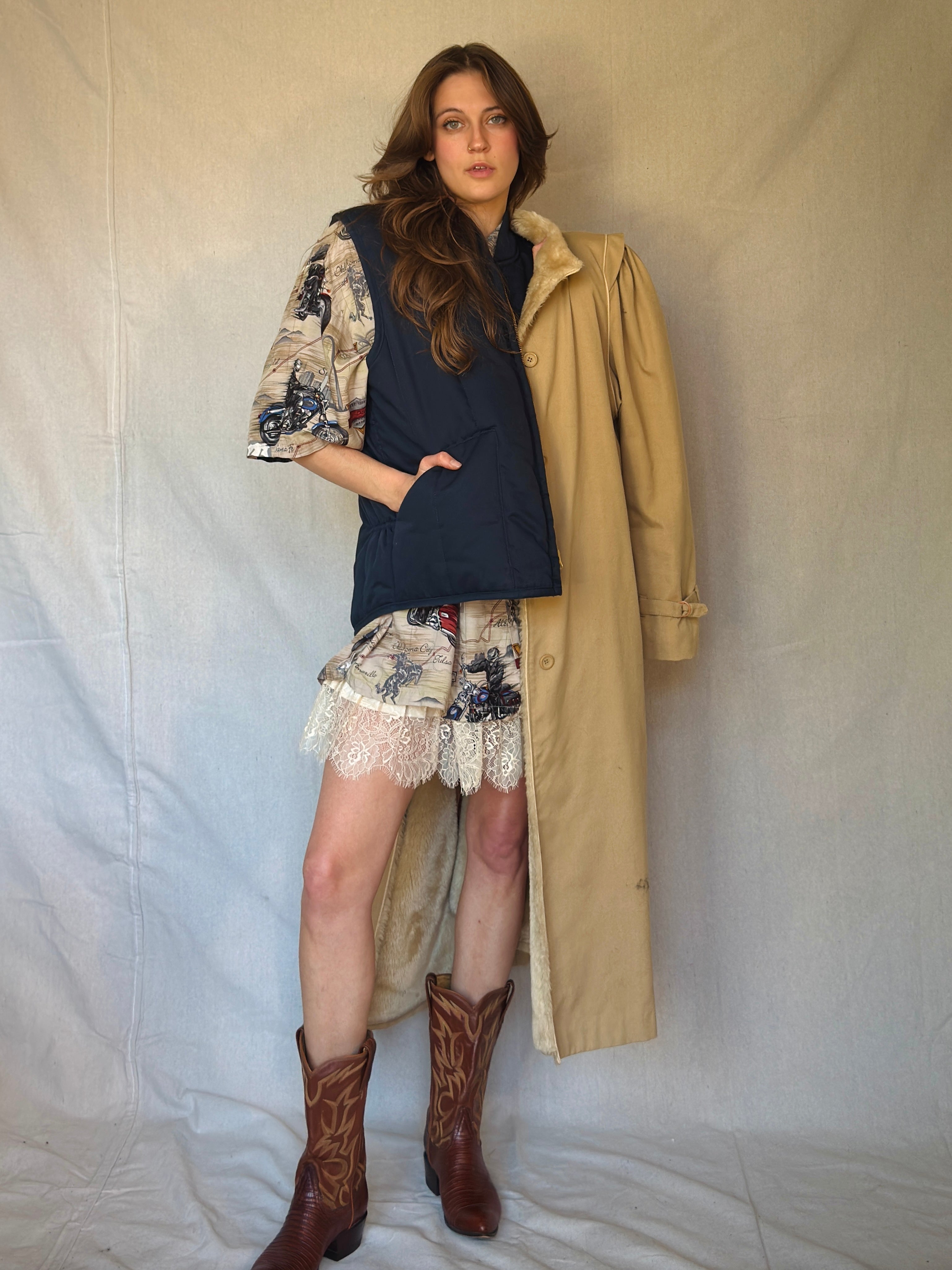 70s Tan Faux Shearling Trench Coat