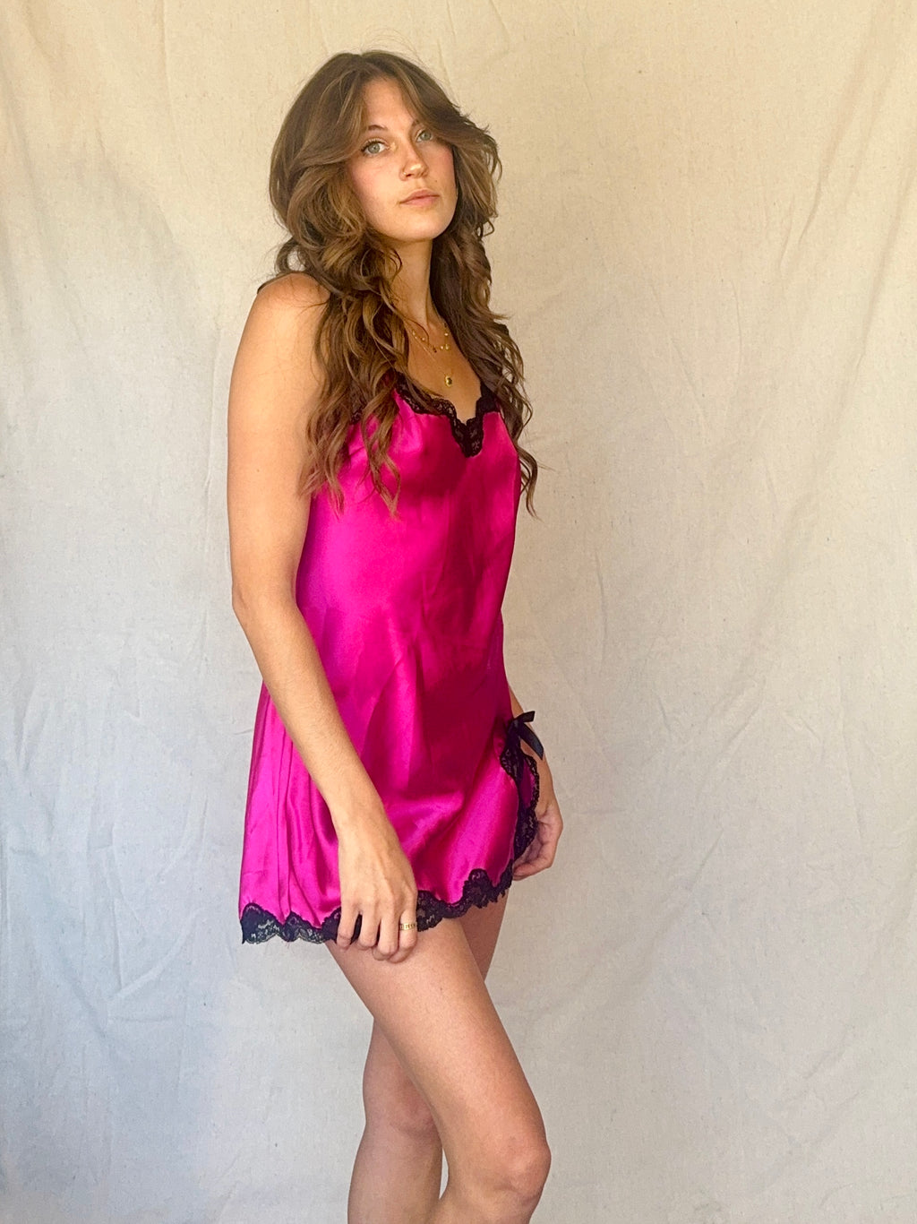 Y2K Hot Pink Black Lace Satin Slip Dress