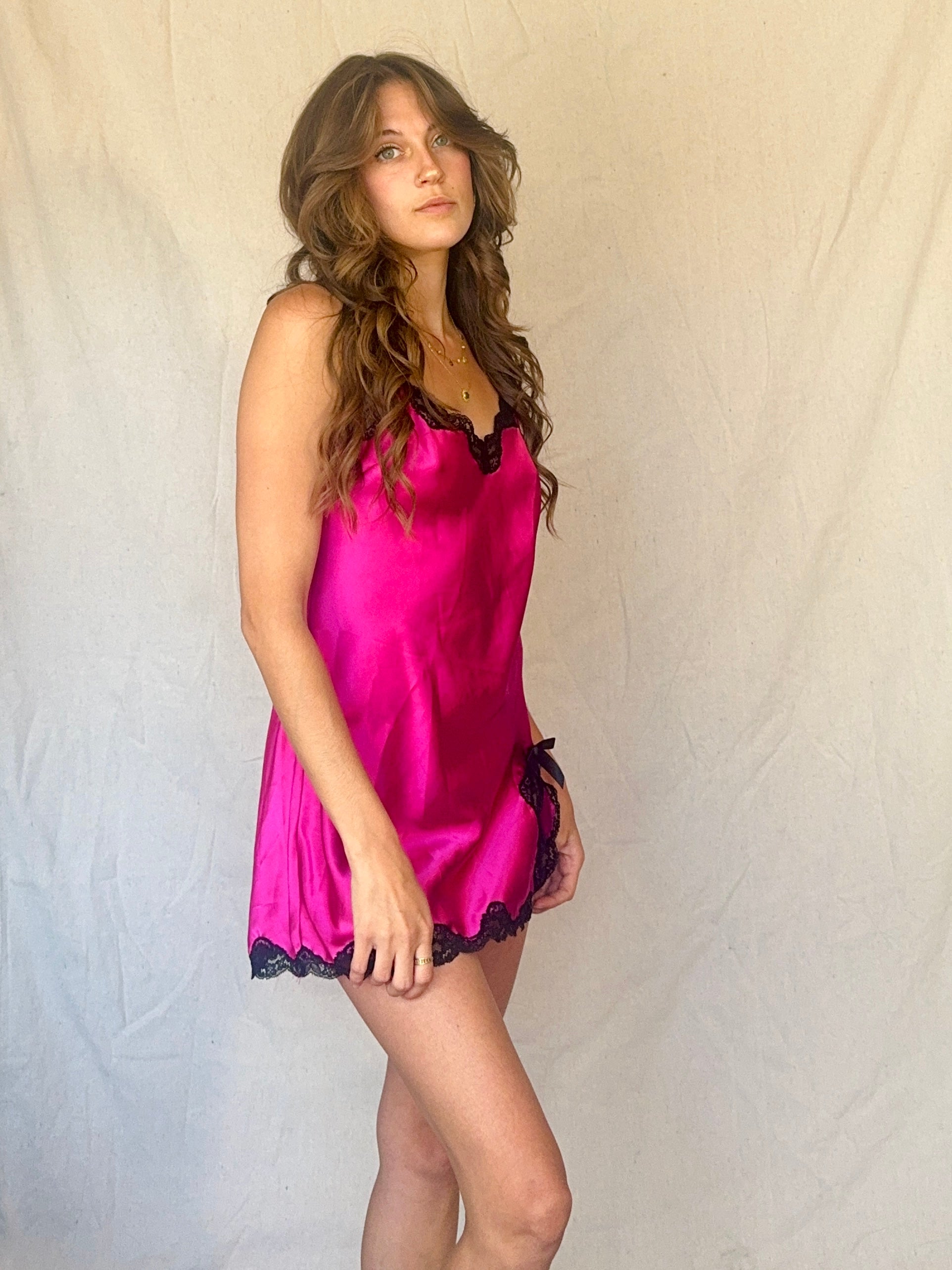 Y2K Hot Pink Black Lace Satin Slip Dress
