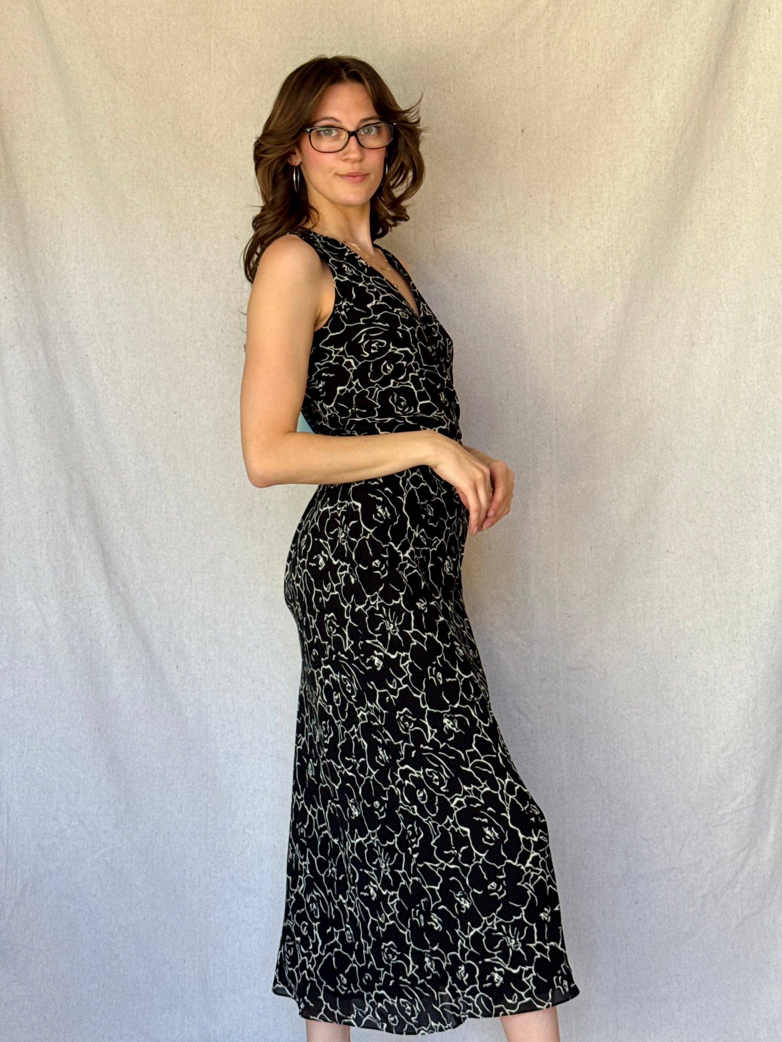 90s Black Floral Sleeveless Wrap Dress
