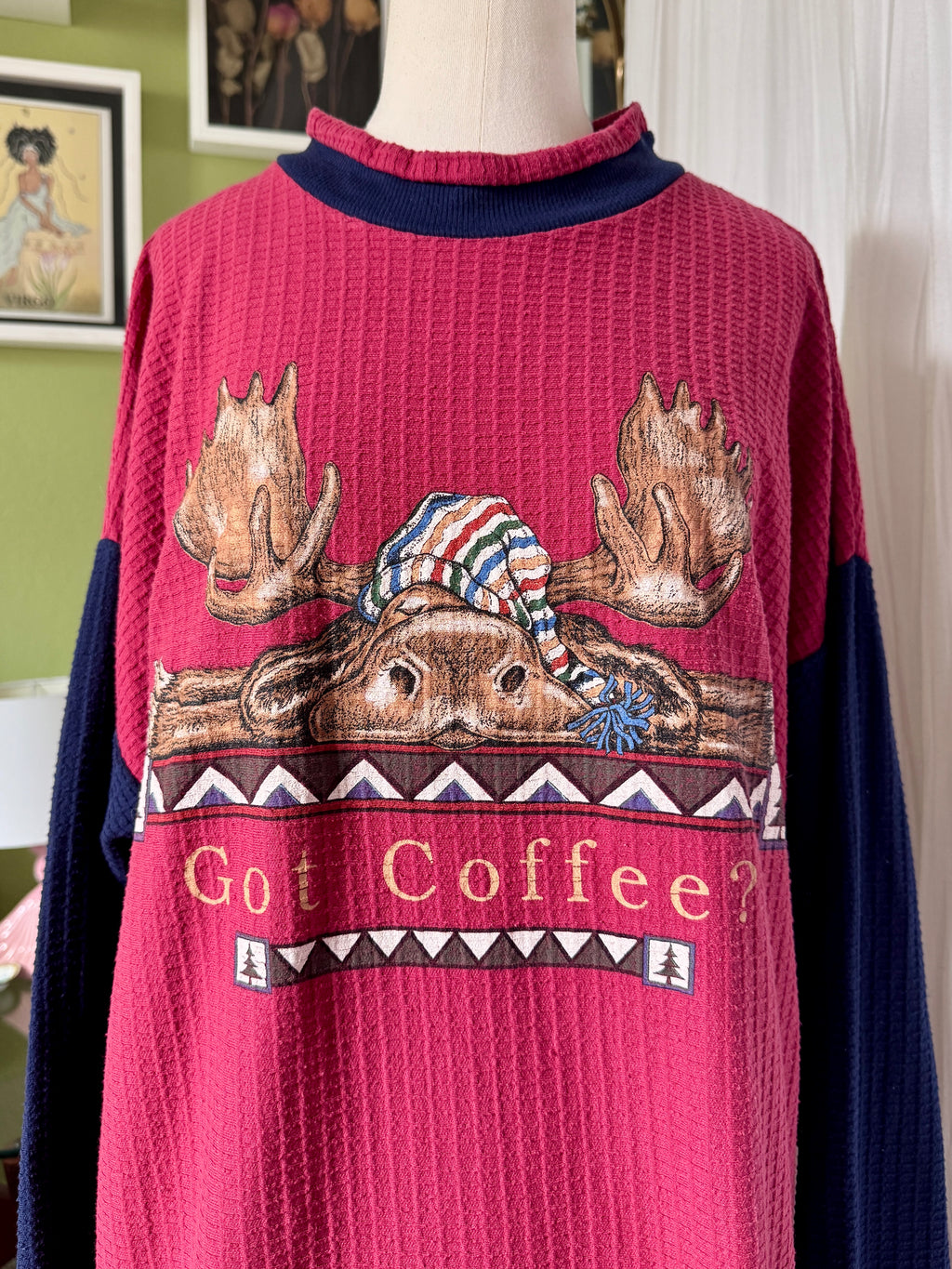 80s Red & Navy 'Got Coffee’ Moose Waffled Raglan Sleep Tee Dress