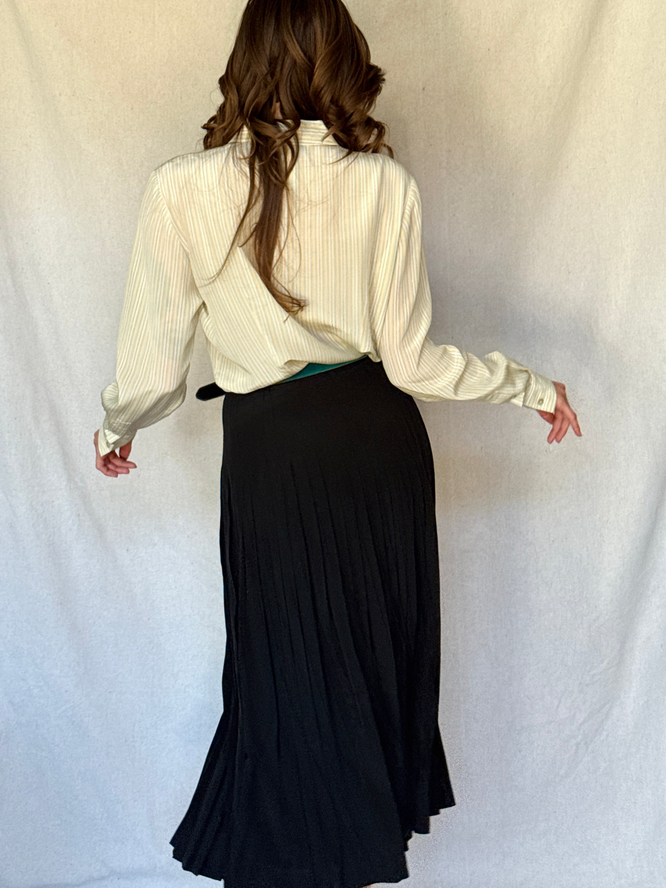 70s St. Martin Black Silk Pleated Midi Skirt