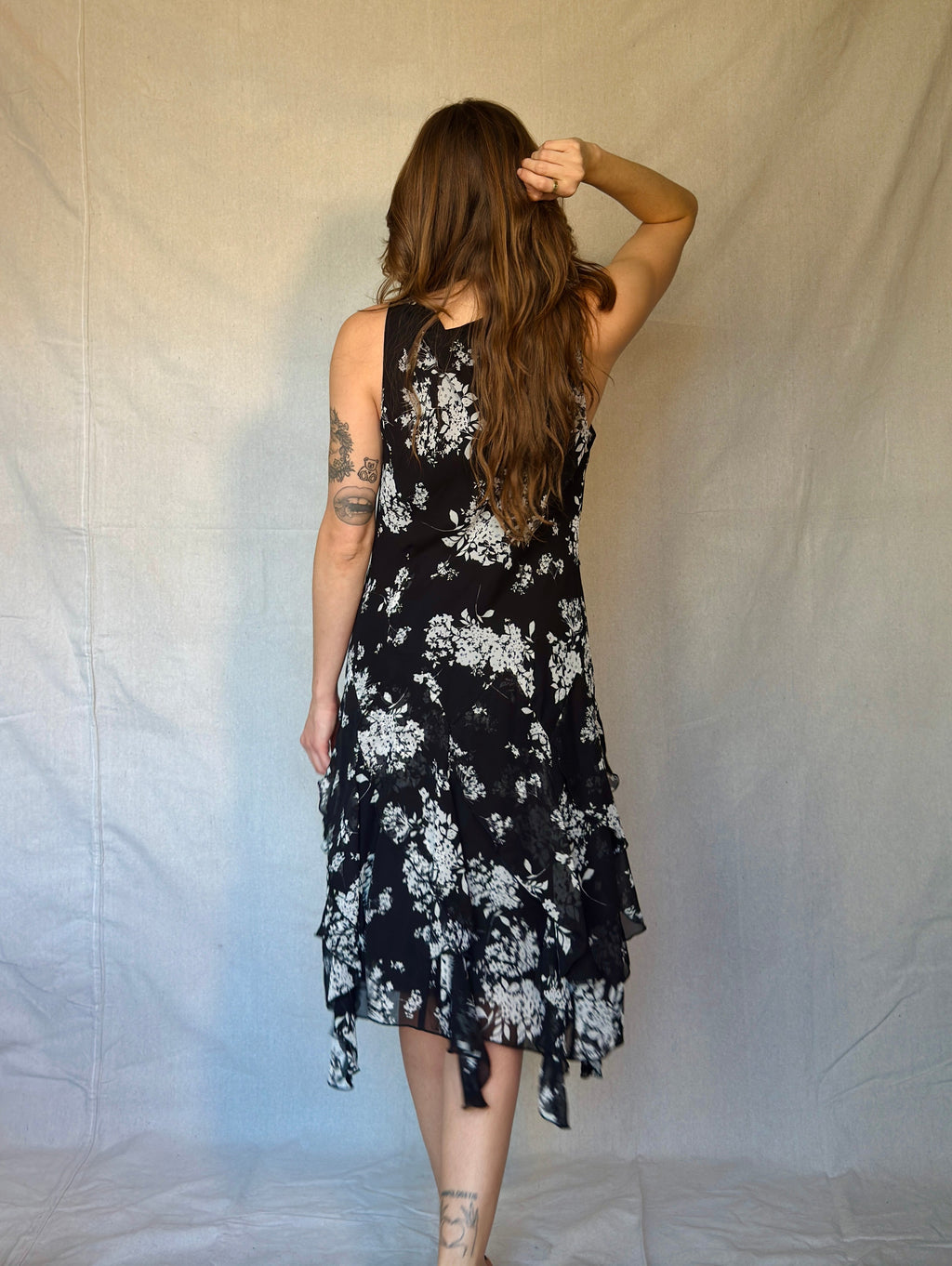 Vintage Black & White Floral Ruffle Dress