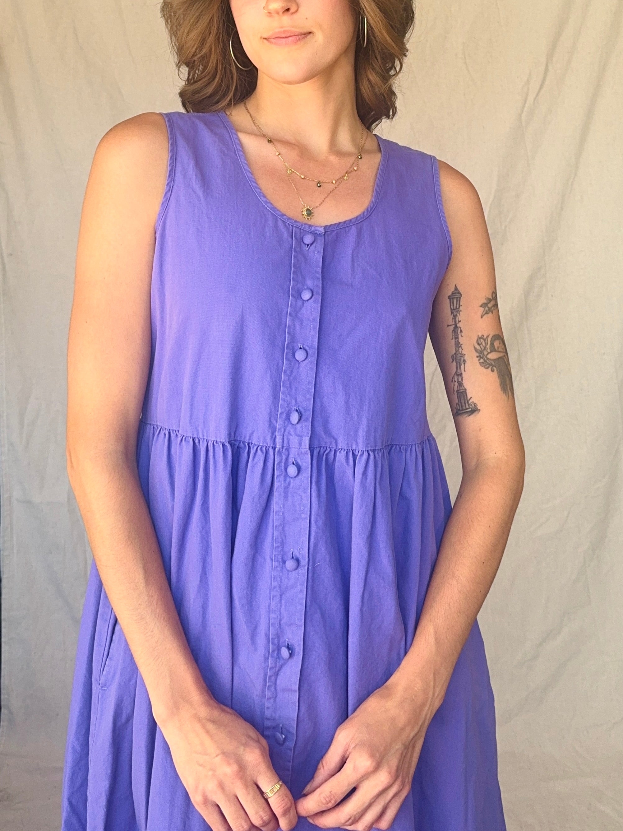 80s Periwinkle Purple Cotton Button Up Pinafore Jumper Dress