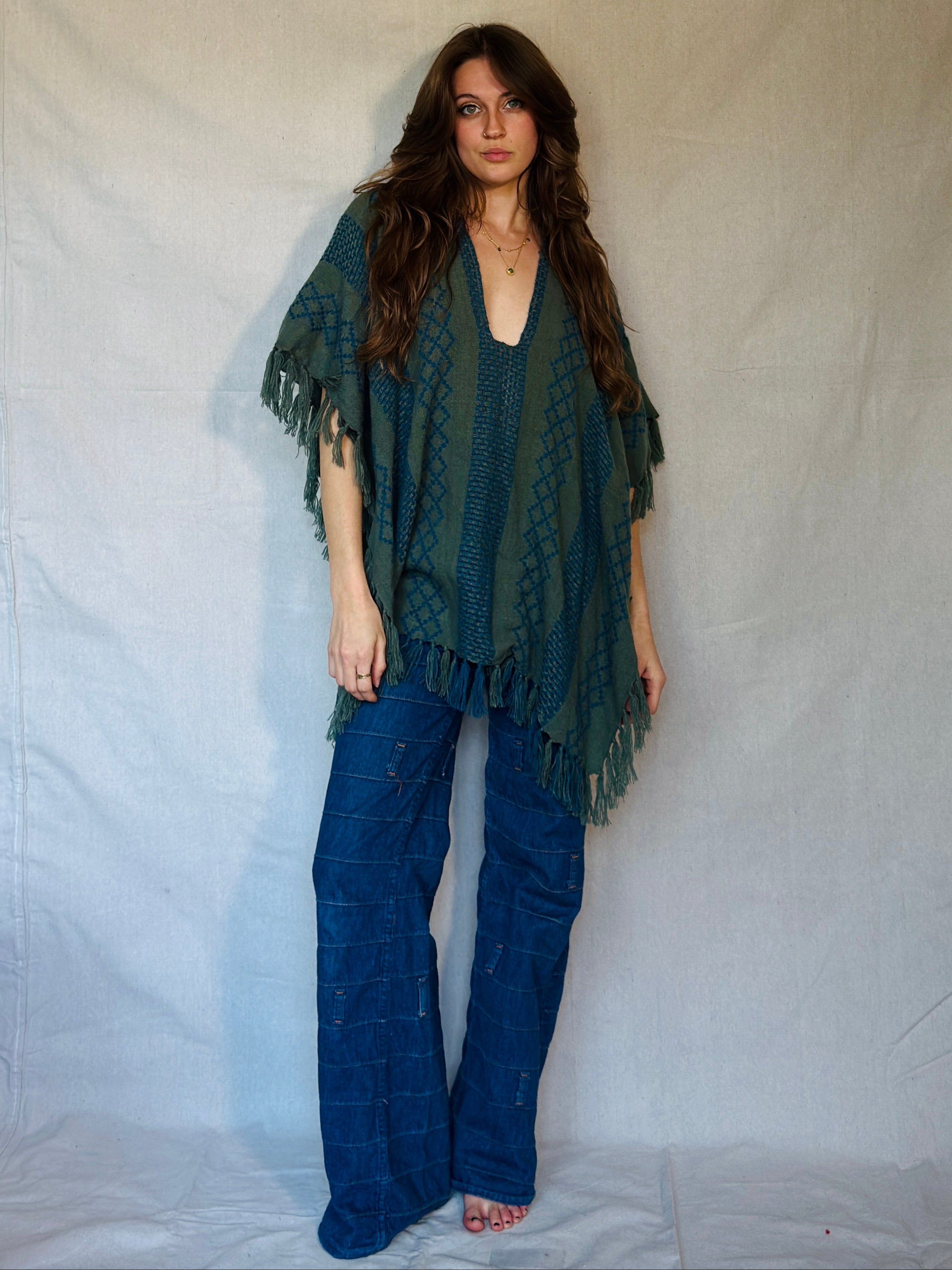 Free People Blue and Grey Fringe Poncho (Modern)