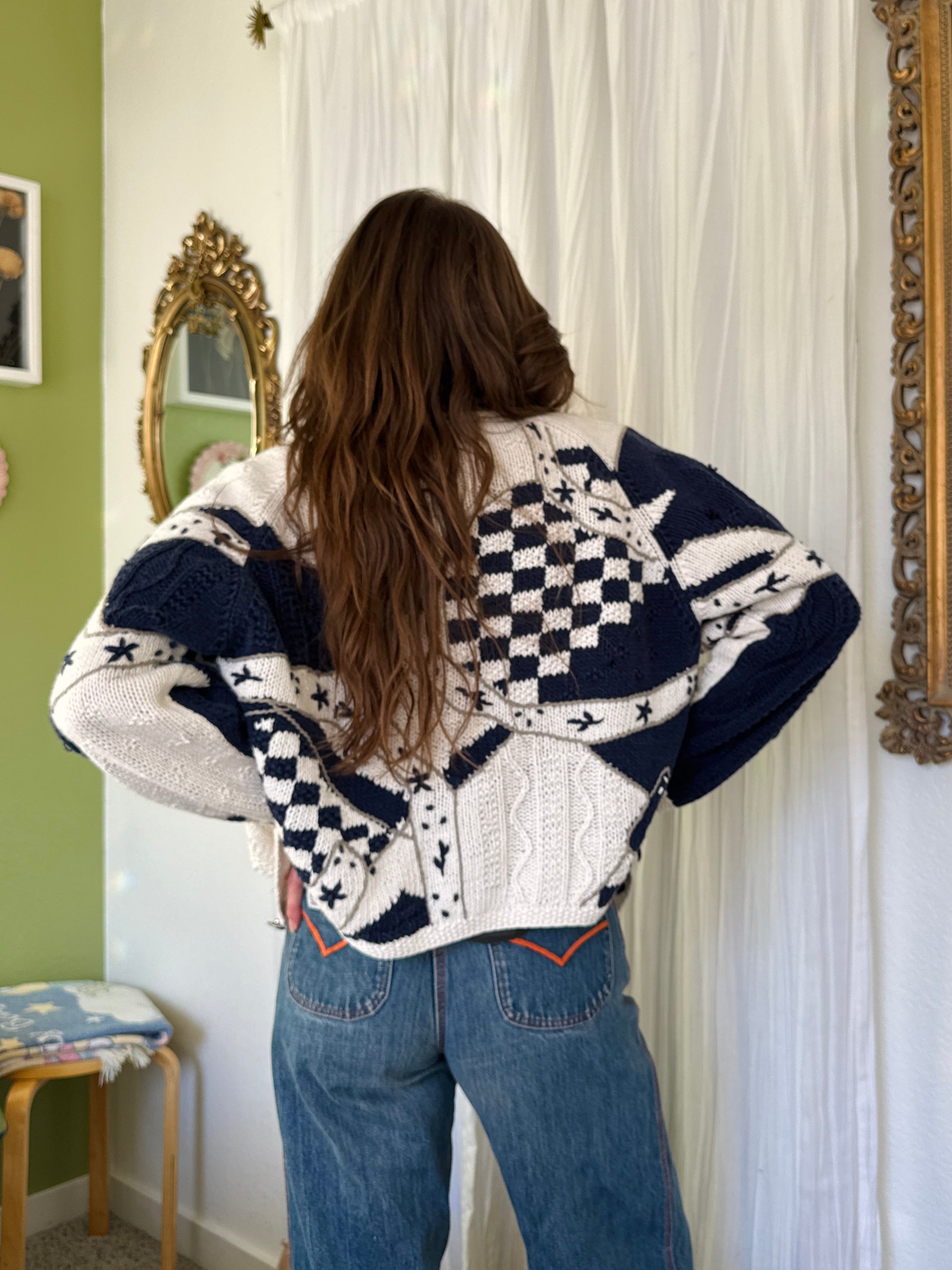 90s Cottagecore Blue & White Granny Cardigan Sweater