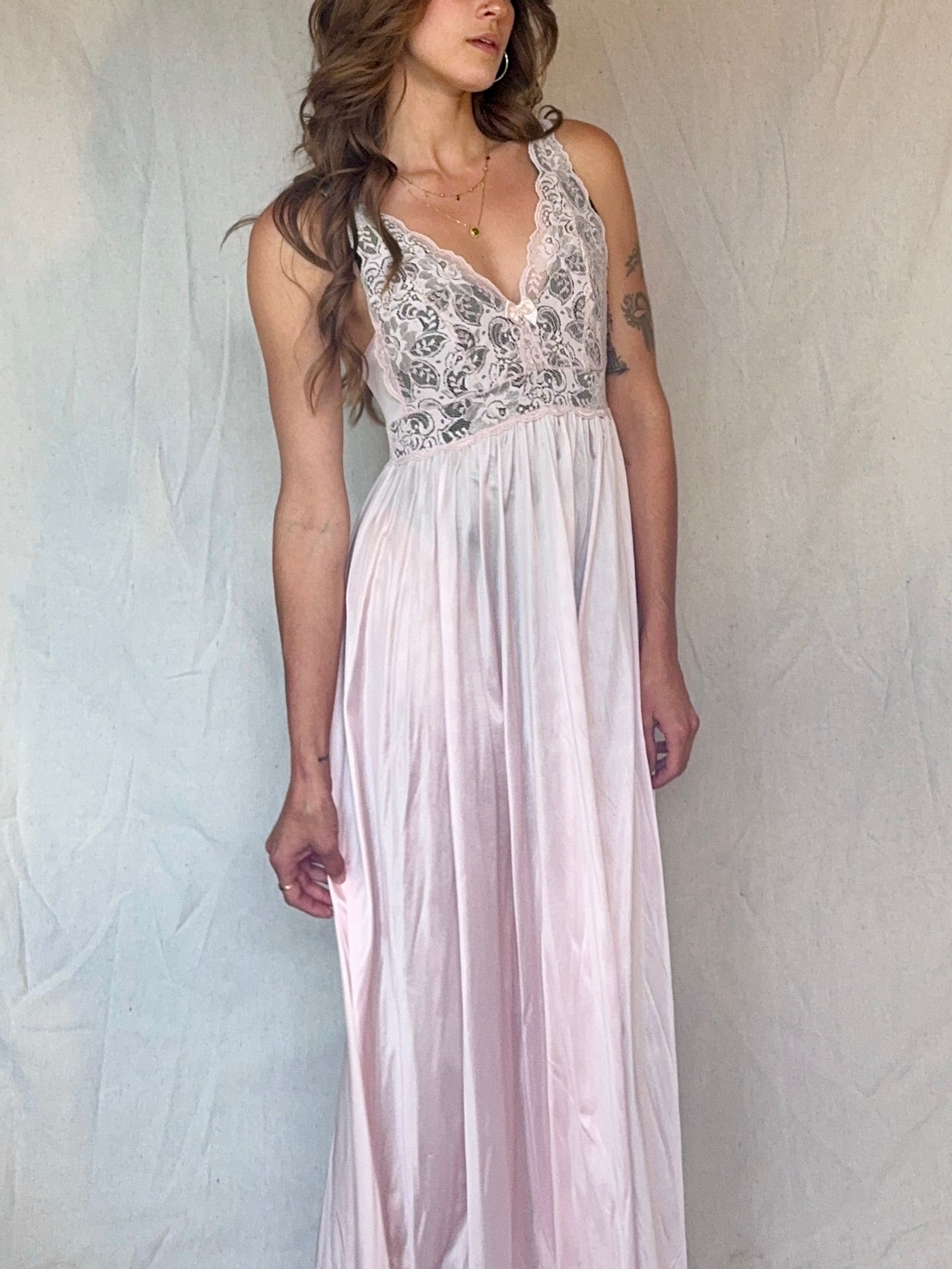90s Baby Pink Nylon Lace Slip Dress