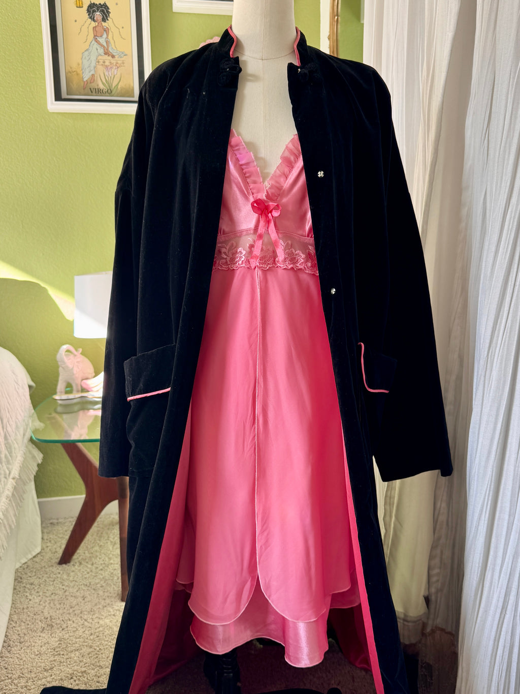 50s Black Velvet Pink Lined Smoking Jacket Duster Coat