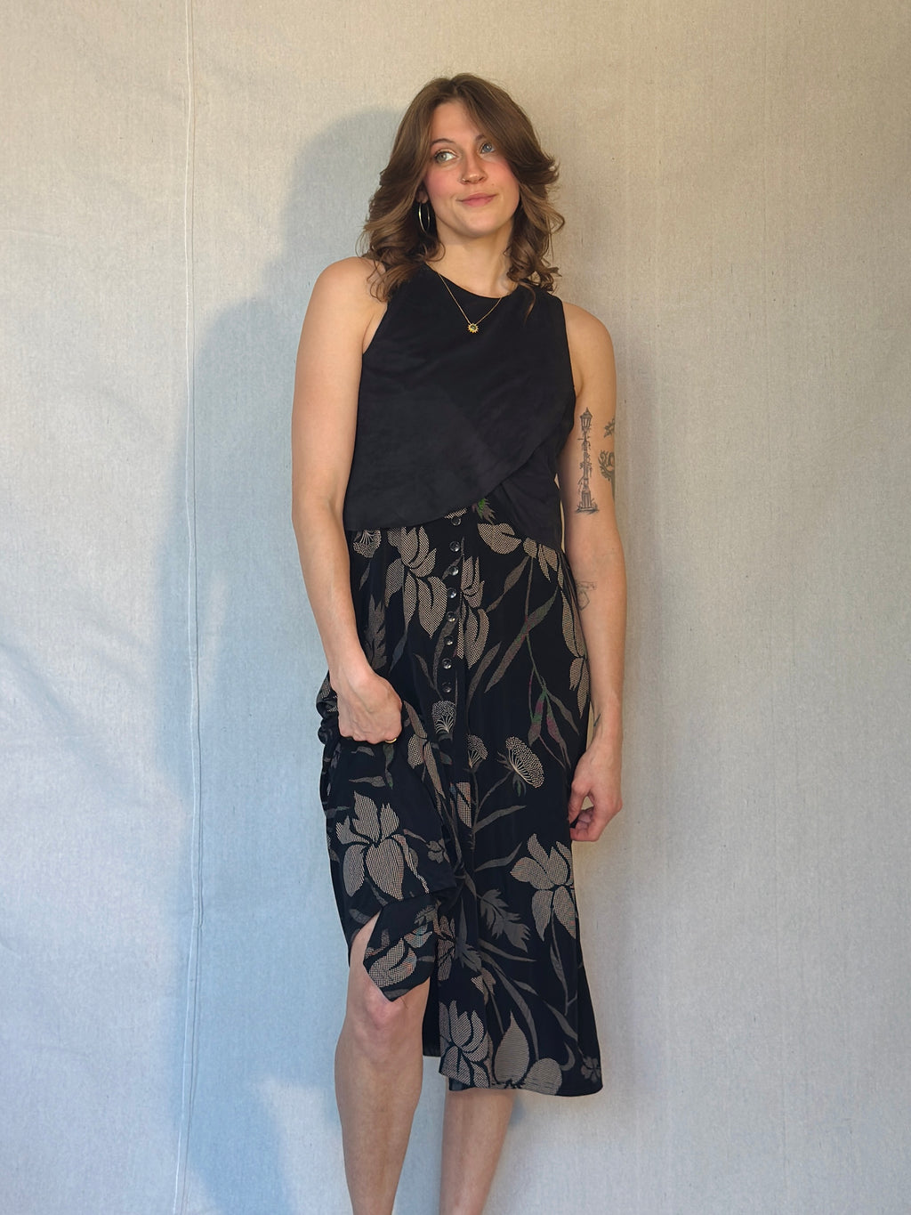 90's Black Floral Button Front Midi Skirt