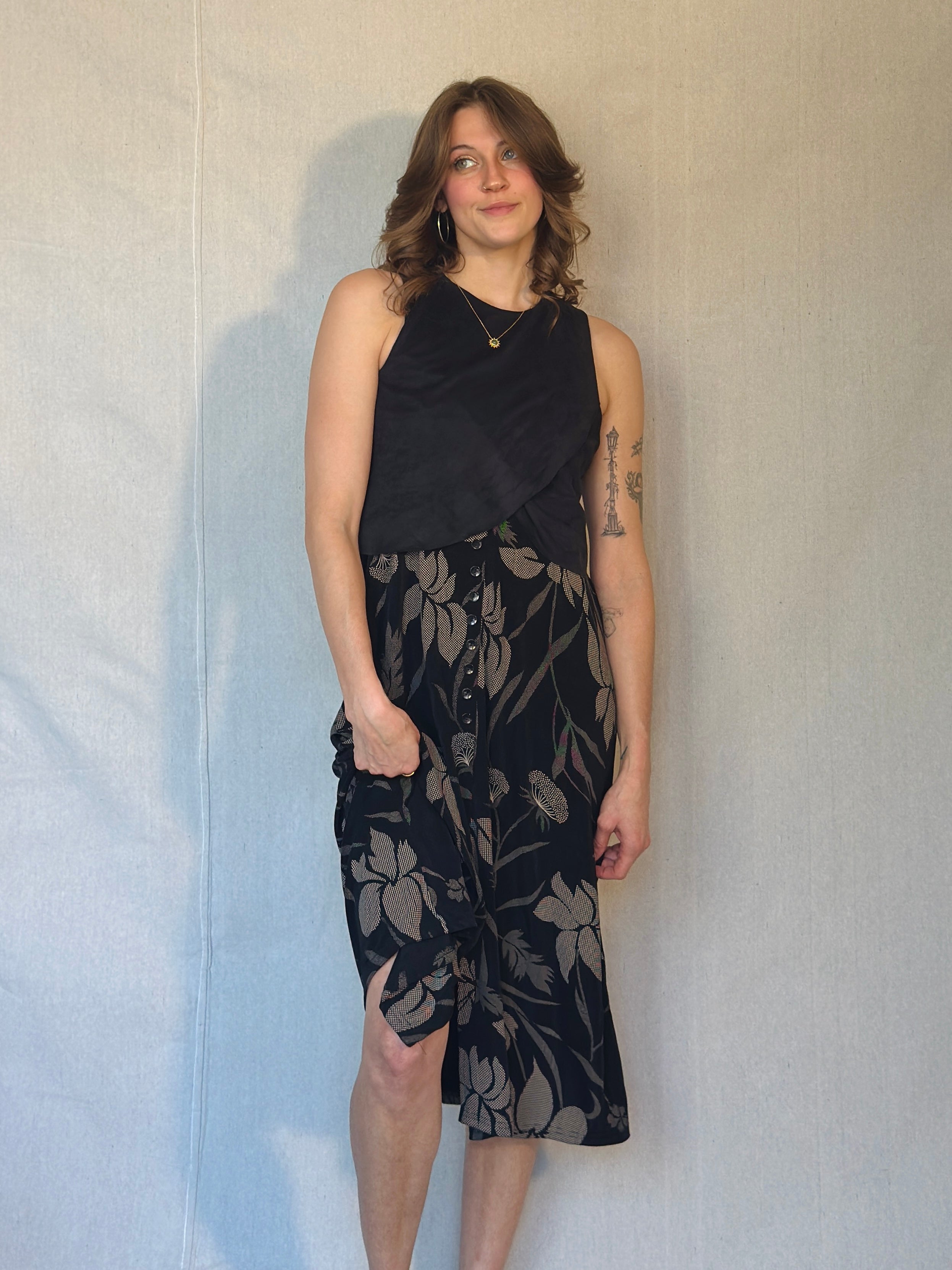 90's Black Floral Button Front Midi Skirt