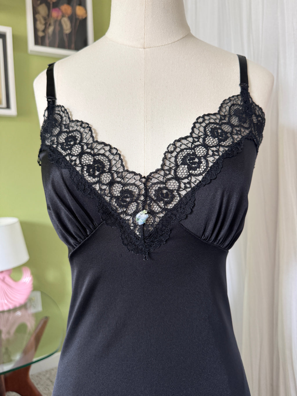 60s Black Lace Slip Dress Rosette Detail