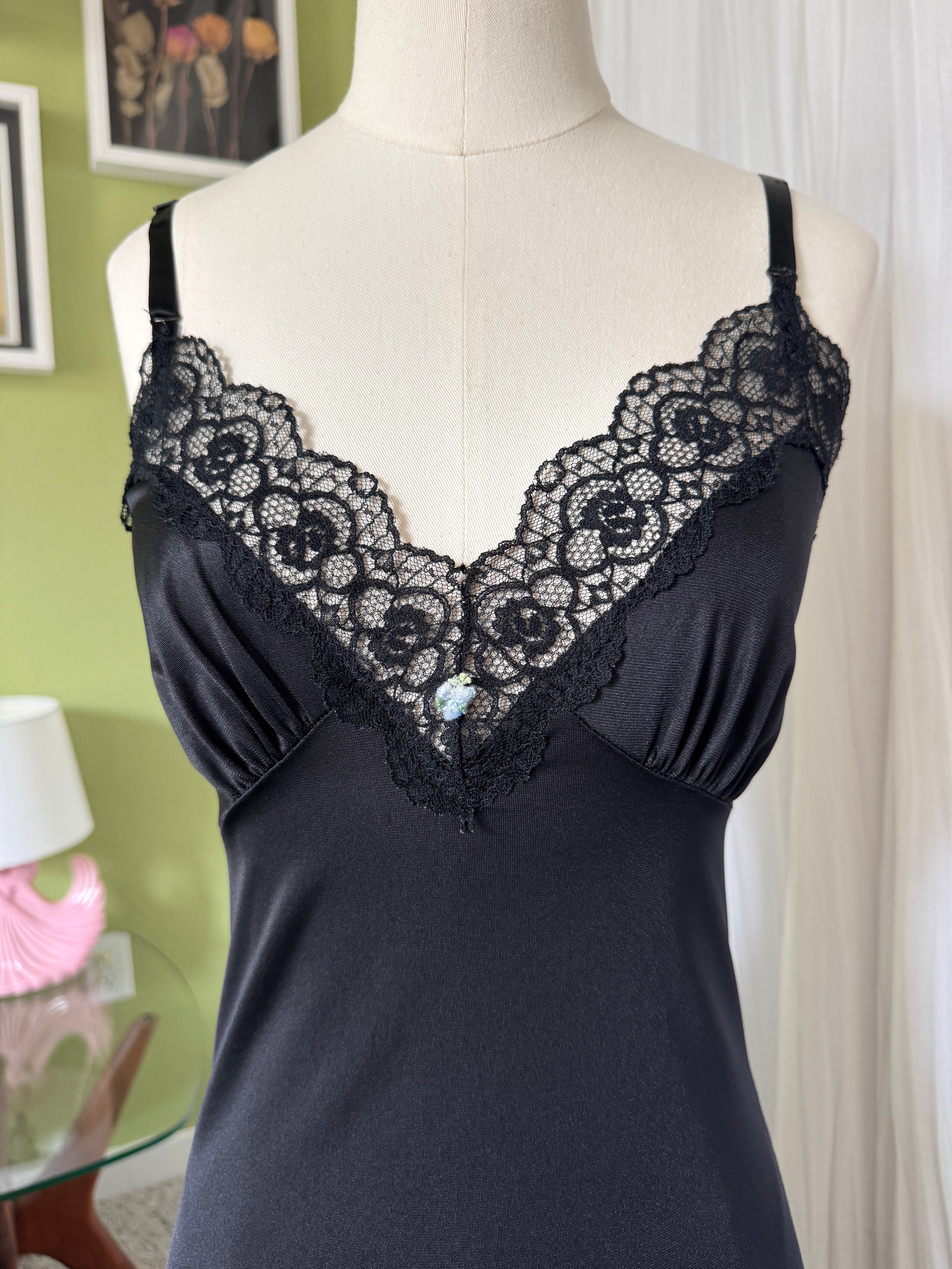 60s Black Lace Slip Dress Rosette Detail