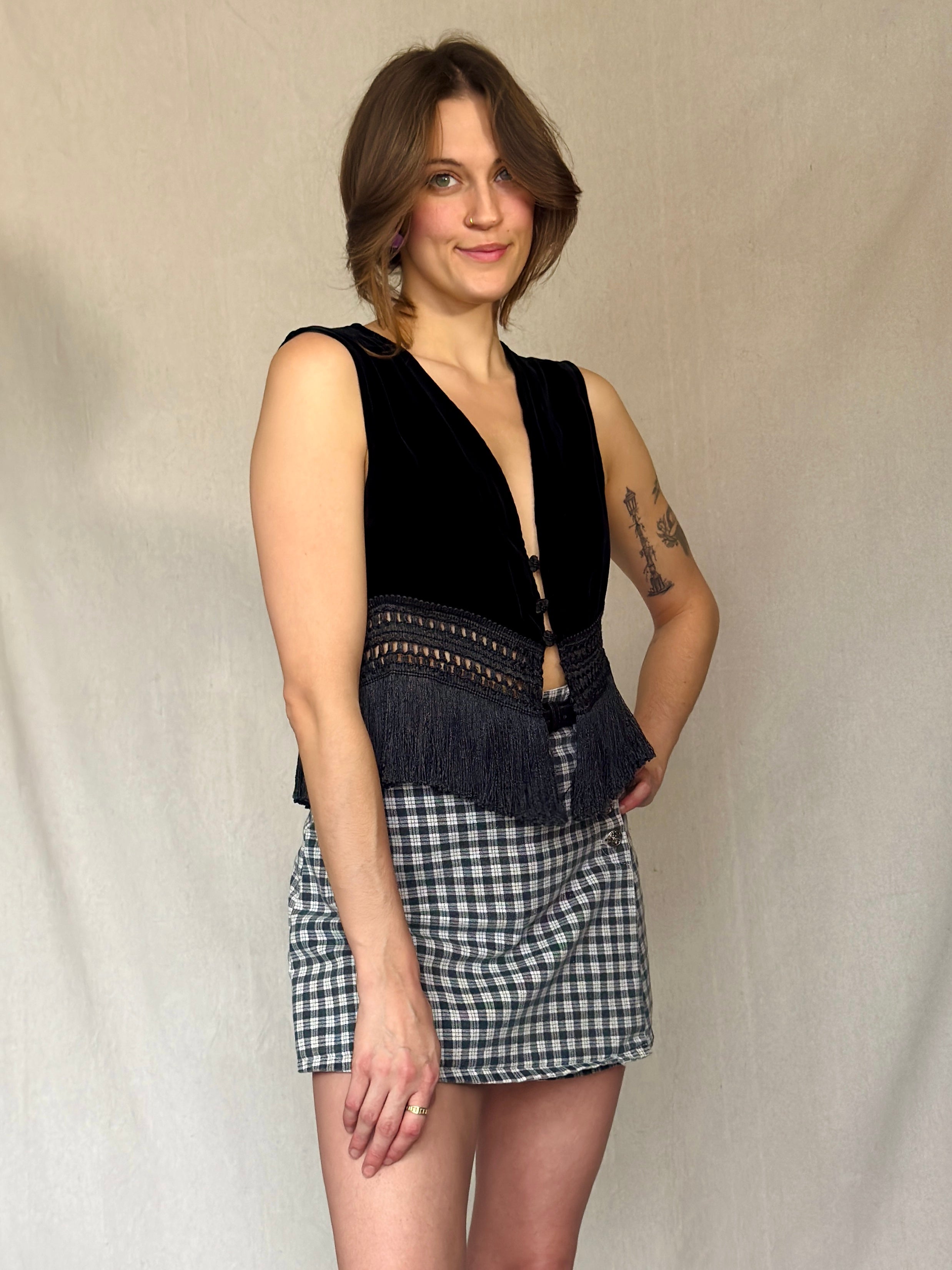 90s Black Velvet Fringe Vest Top