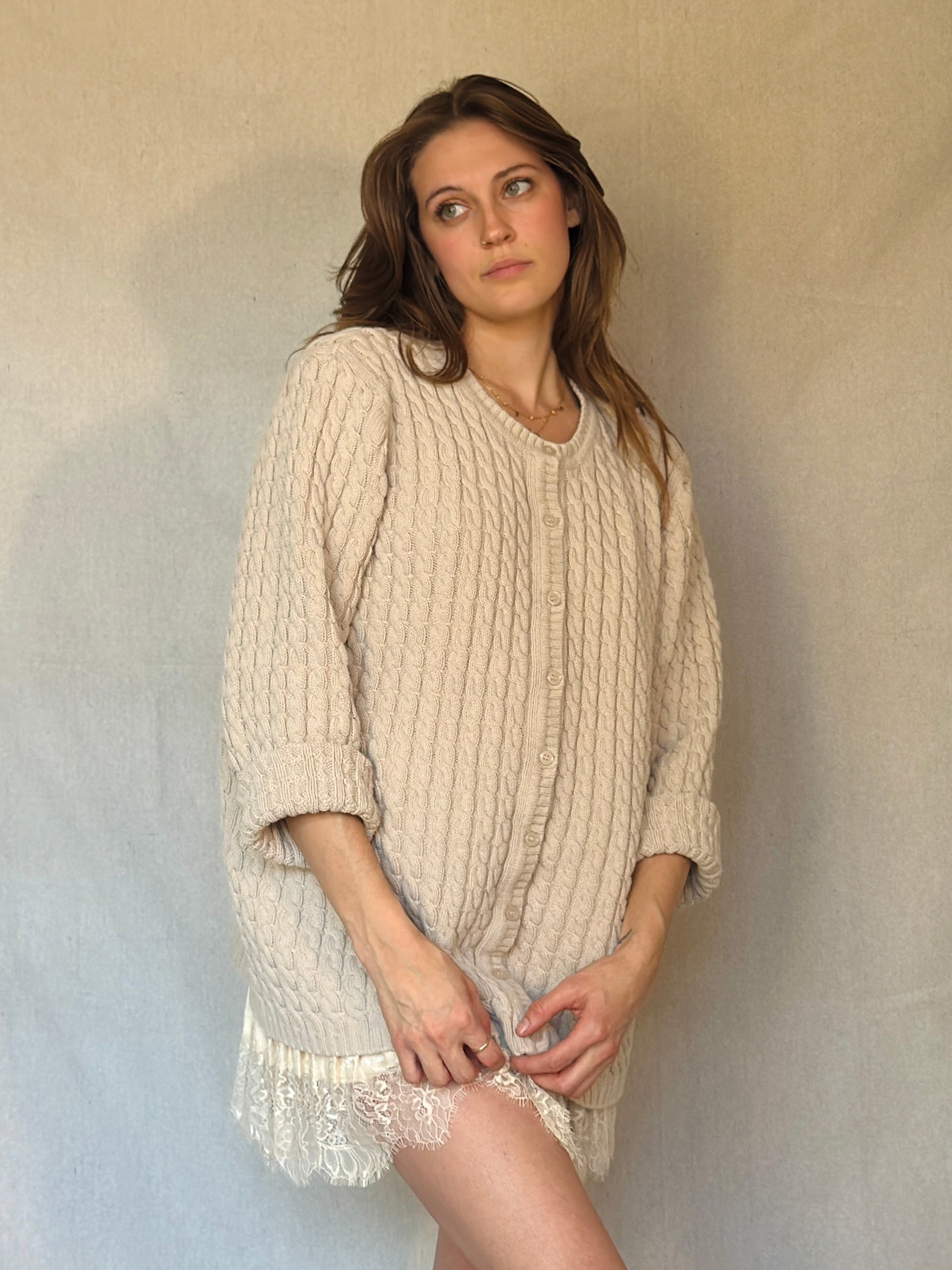 90s Light Beige Cable Knit Cardigan Sweater