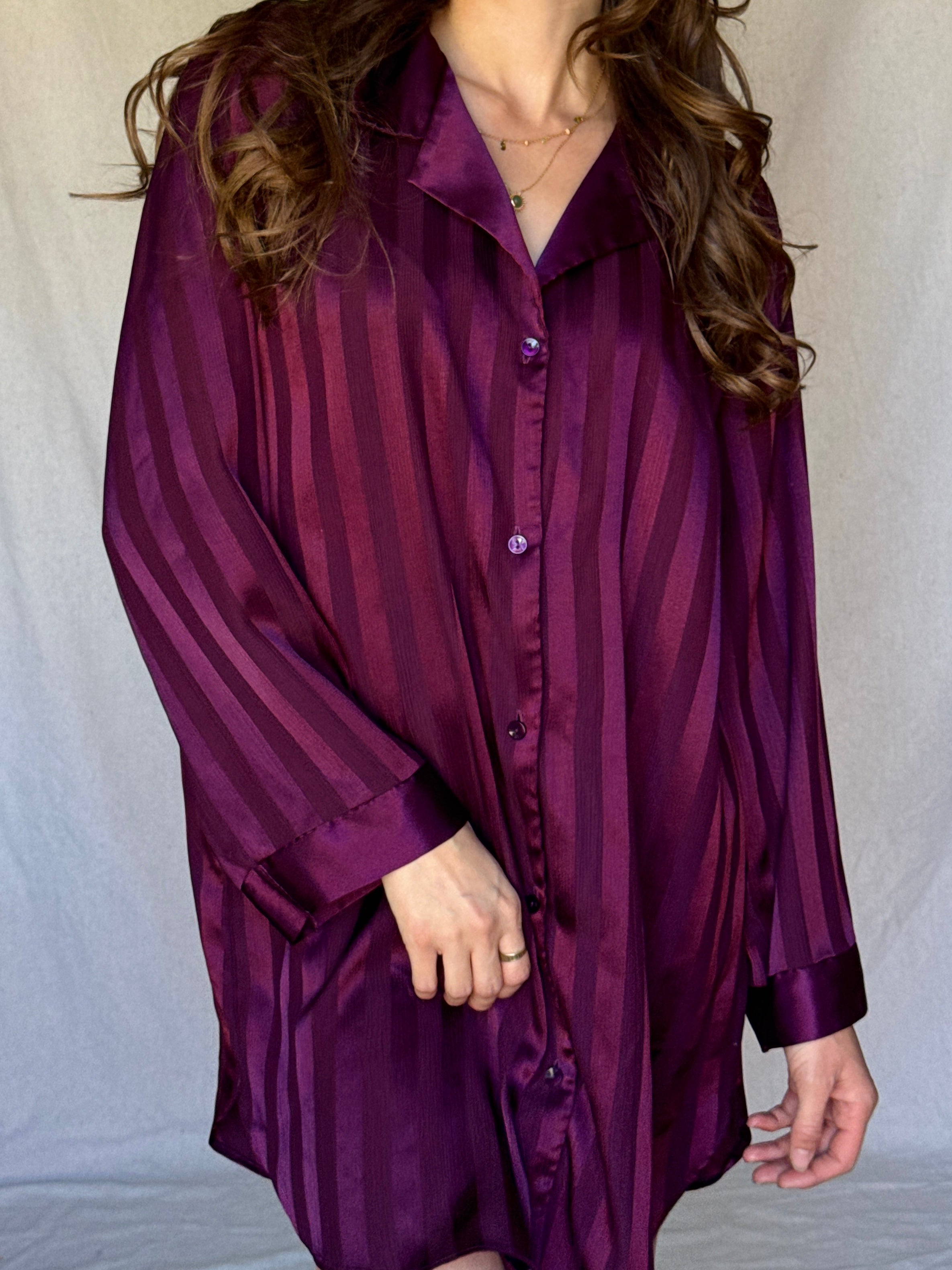 90s Cabernet Red Satin Striped Button Up Blouse