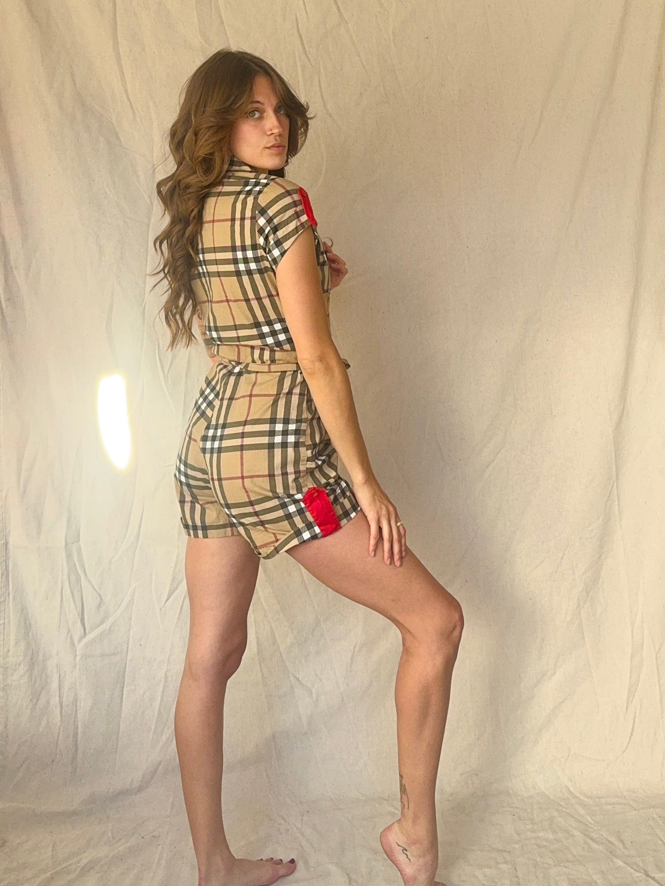 B/urberry Check Plaid Belted Button Up Romper