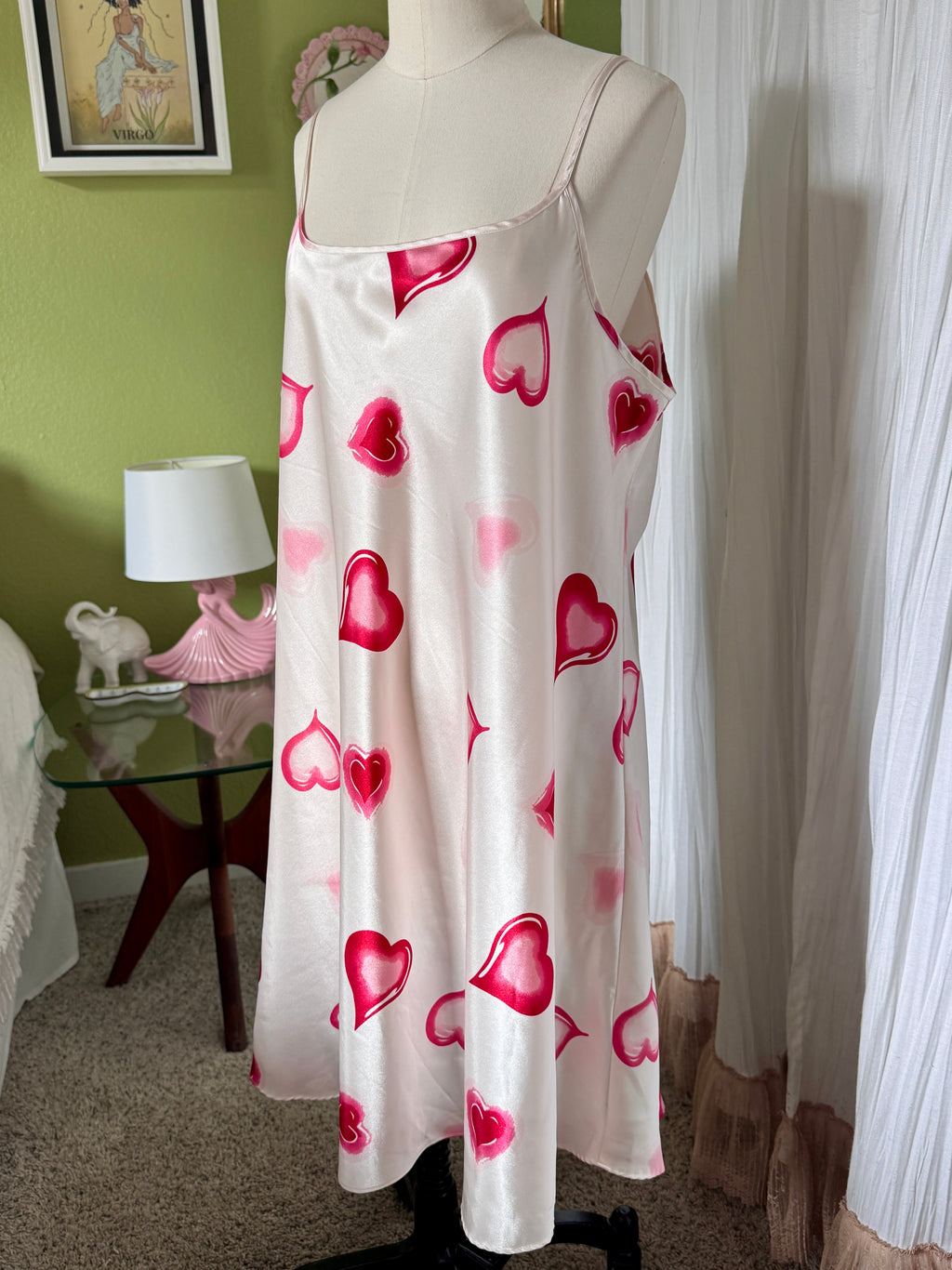 Y2K White Heart Print Satin Mini Slip Dress