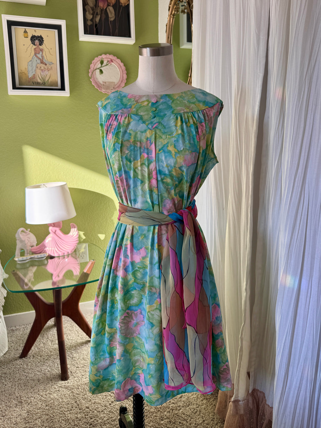 60s Green Soft Floral Babydoll Dress Night Gown