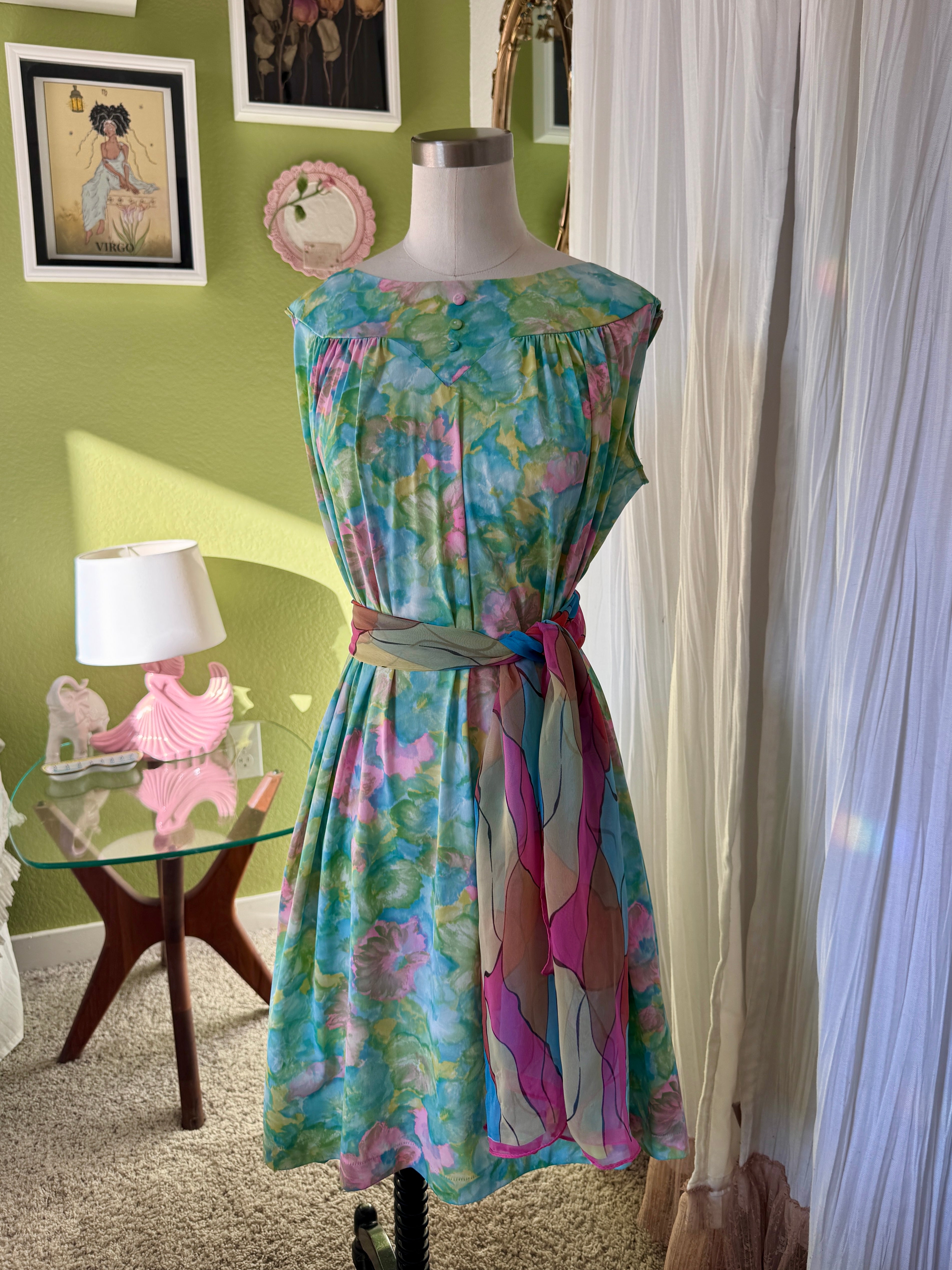 60s Green Soft Floral Babydoll Dress Night Gown