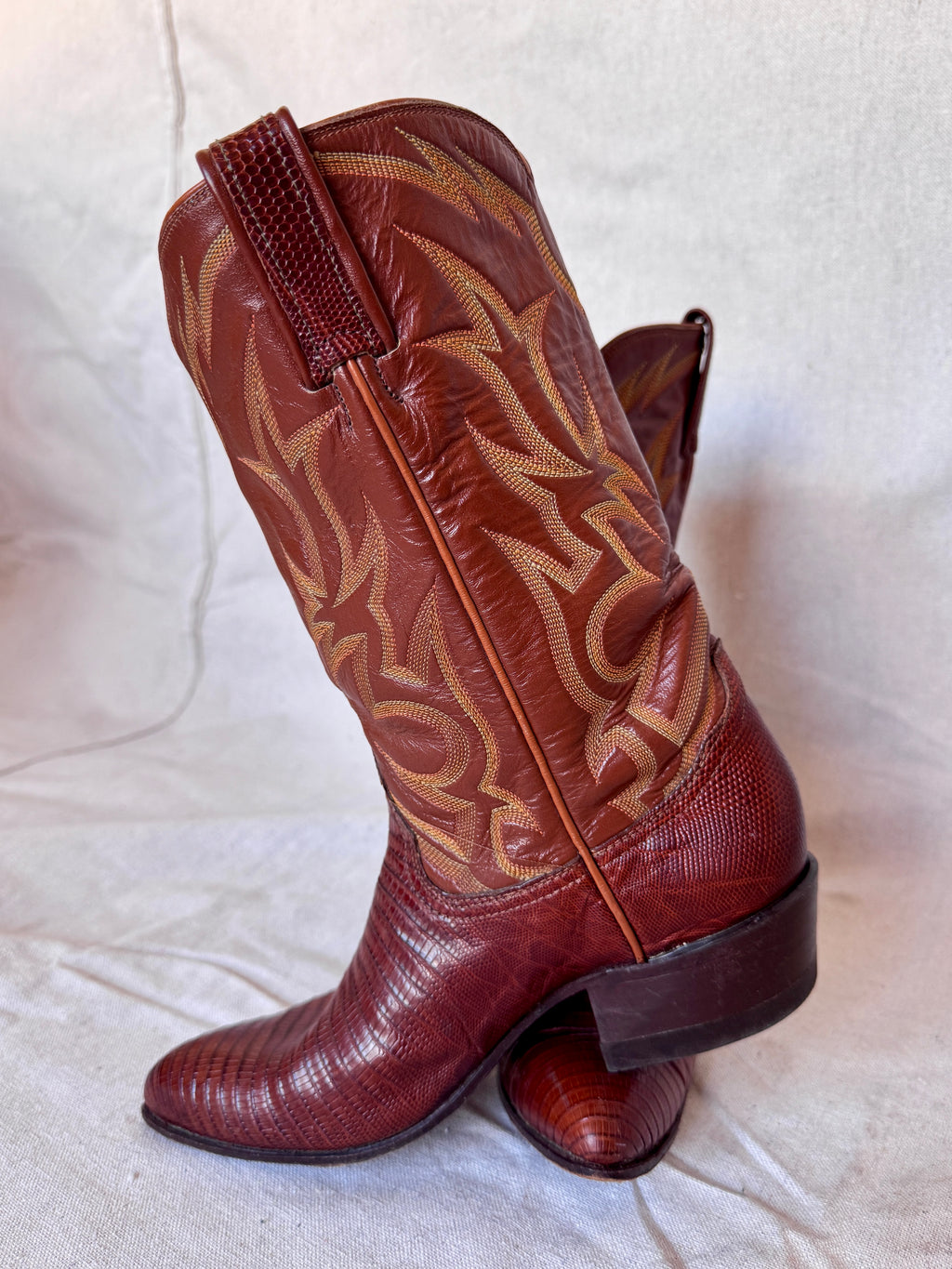 Vintage Brown Lizard Leather Stitched Tony Lama Cowboy Boots