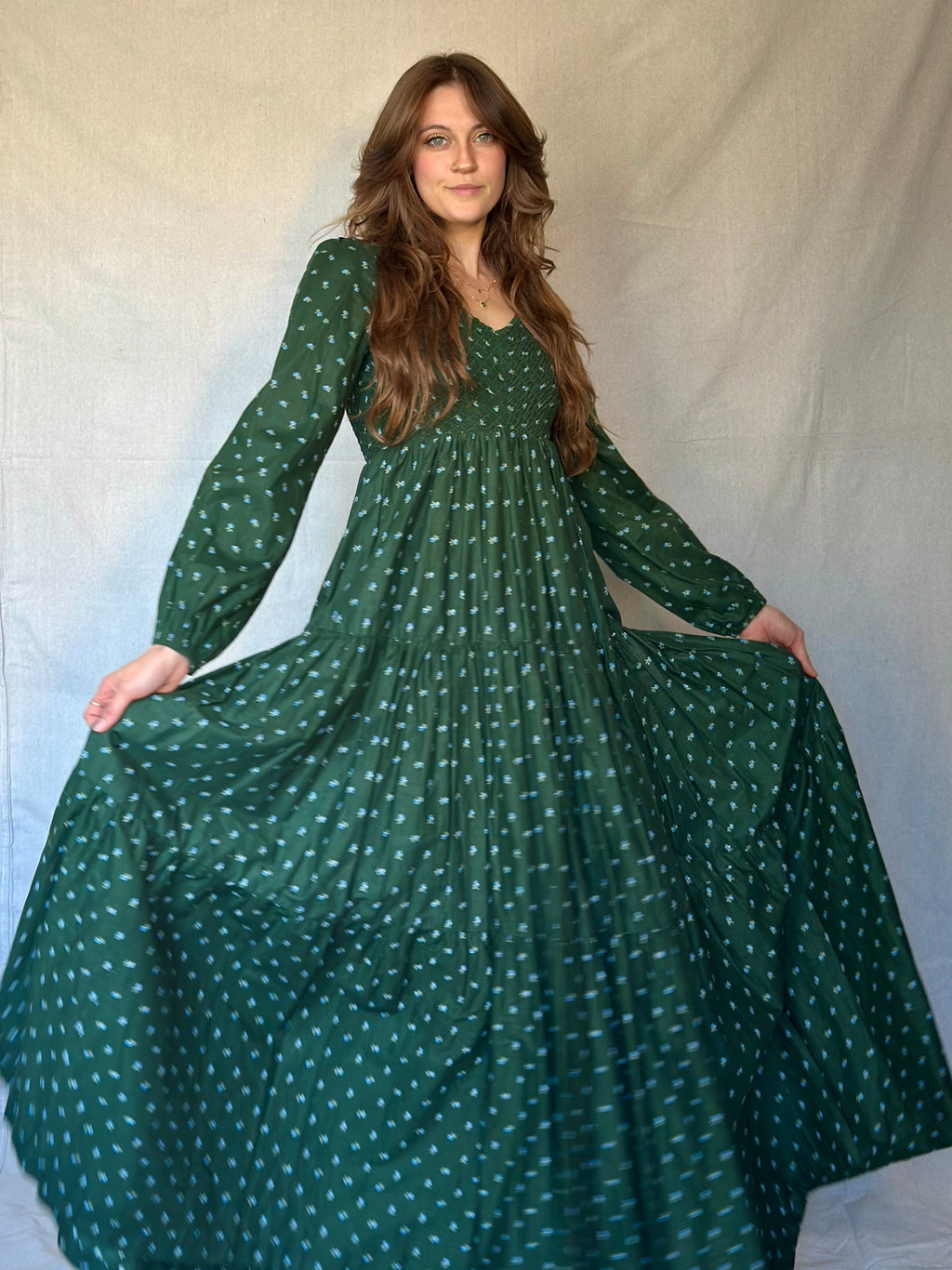 70s Green Micro Floral Tiered Prairie Dress