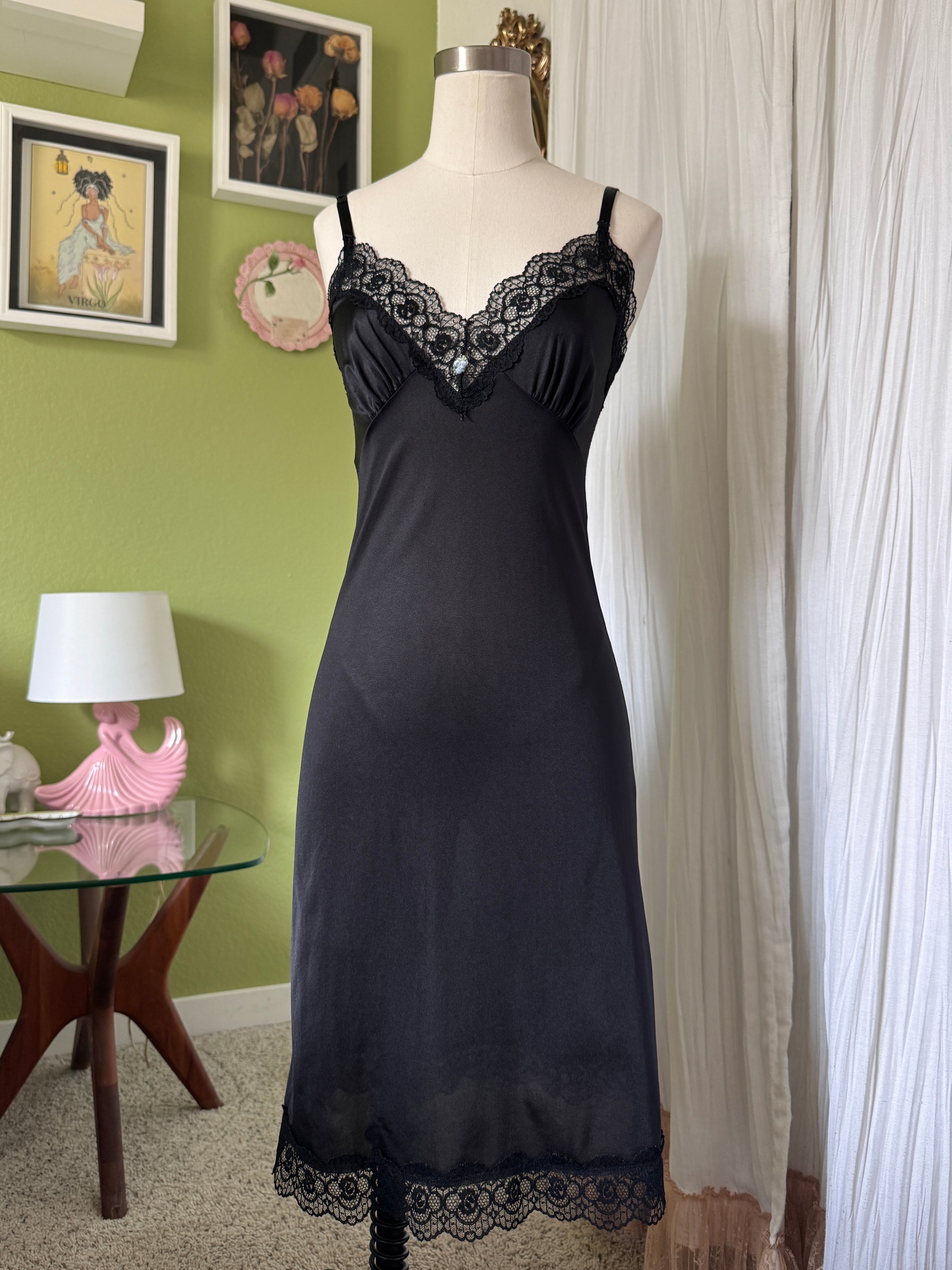 60s Black Lace Slip Dress Rosette Detail