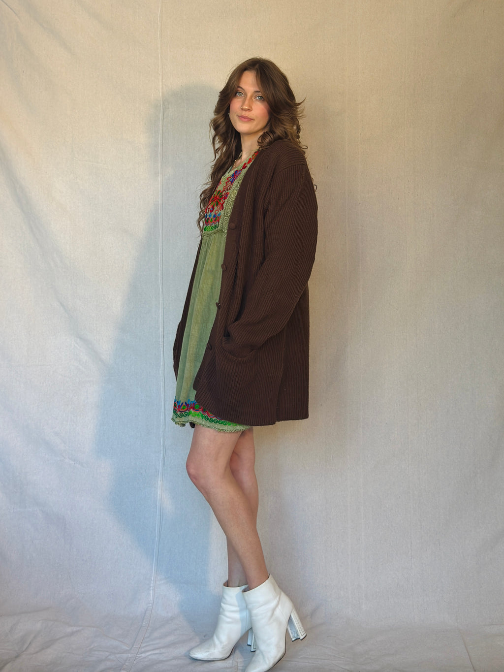 90s Brown Ribbed Cardigan Sweater