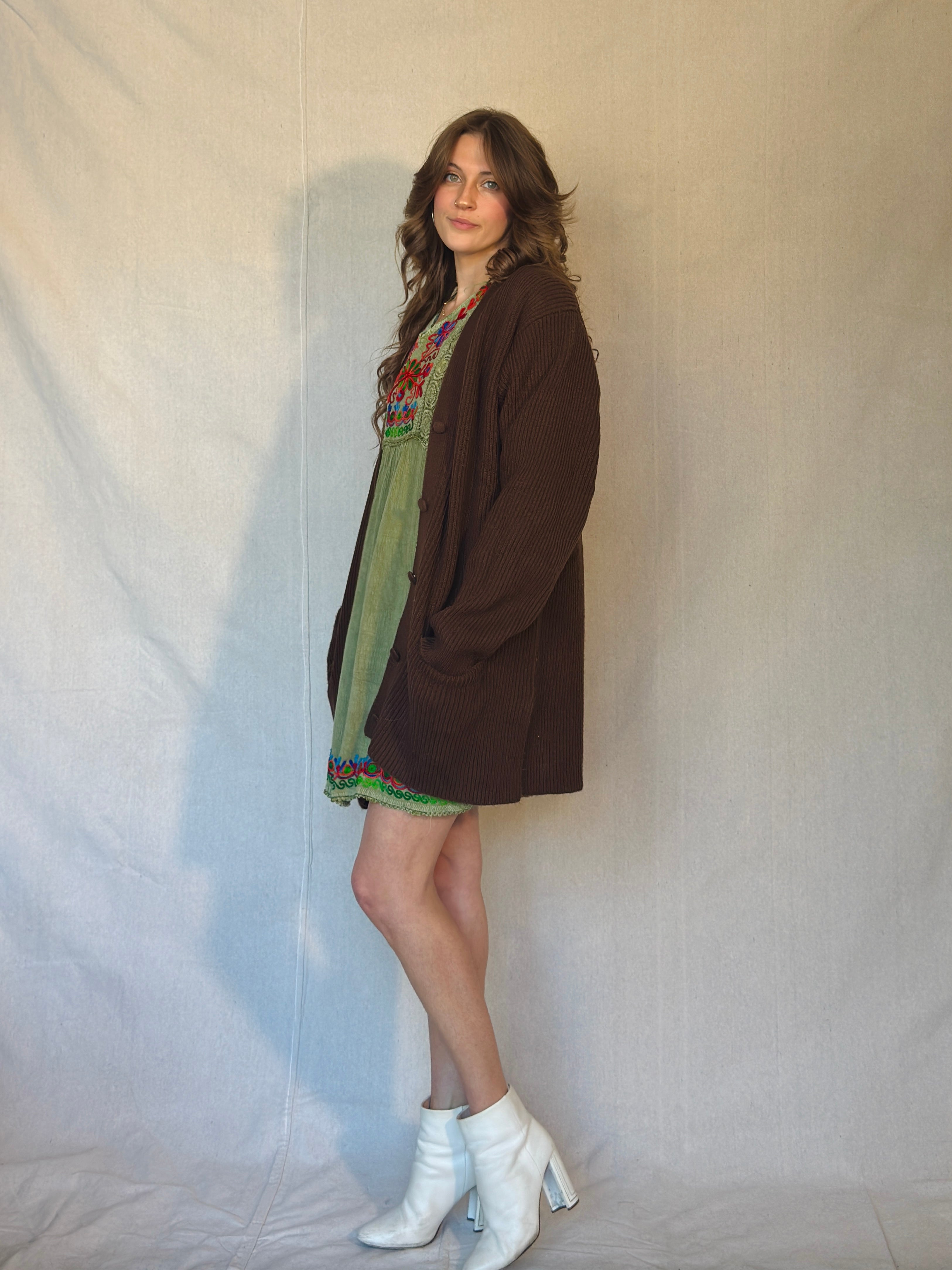 90s Brown Ribbed Cardigan Sweater