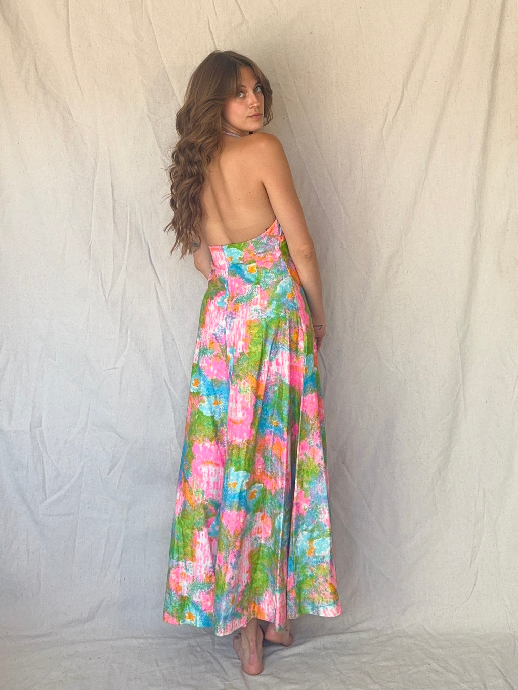 60s Handmade Dayglo Halter Maxi Dress