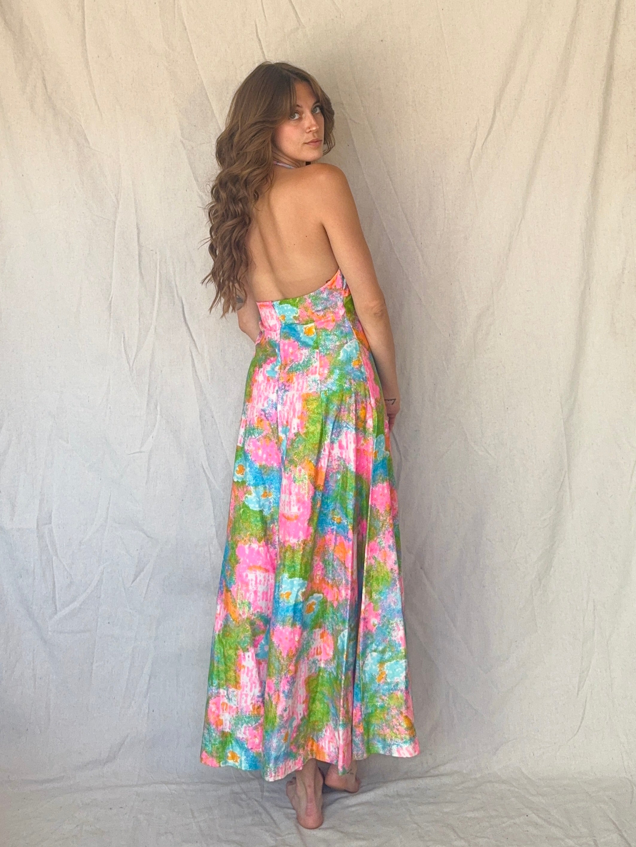 60s Handmade Dayglo Halter Maxi Dress
