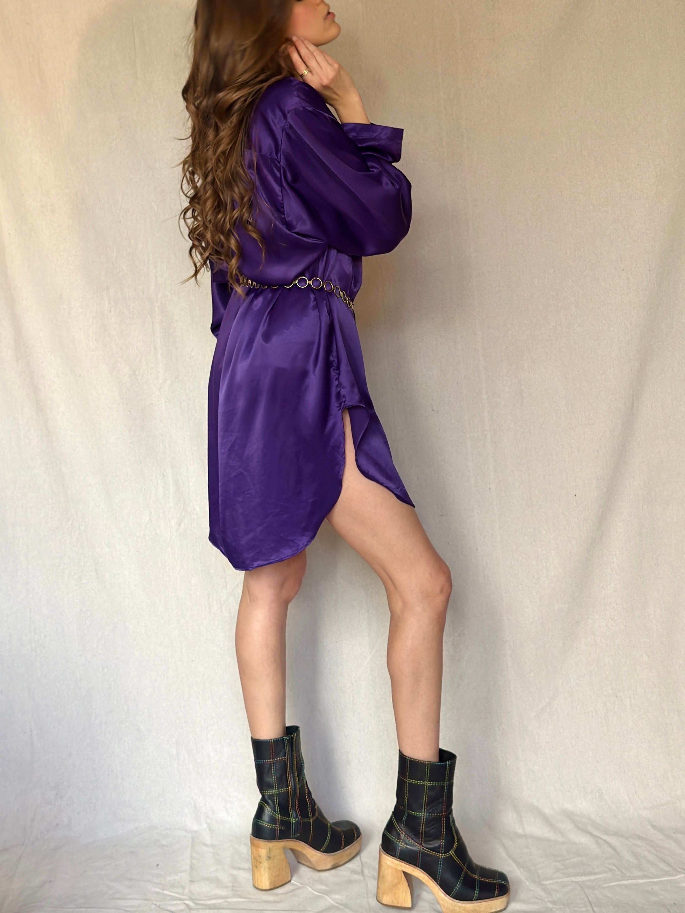 90s Purple Satin Button Up Dress
