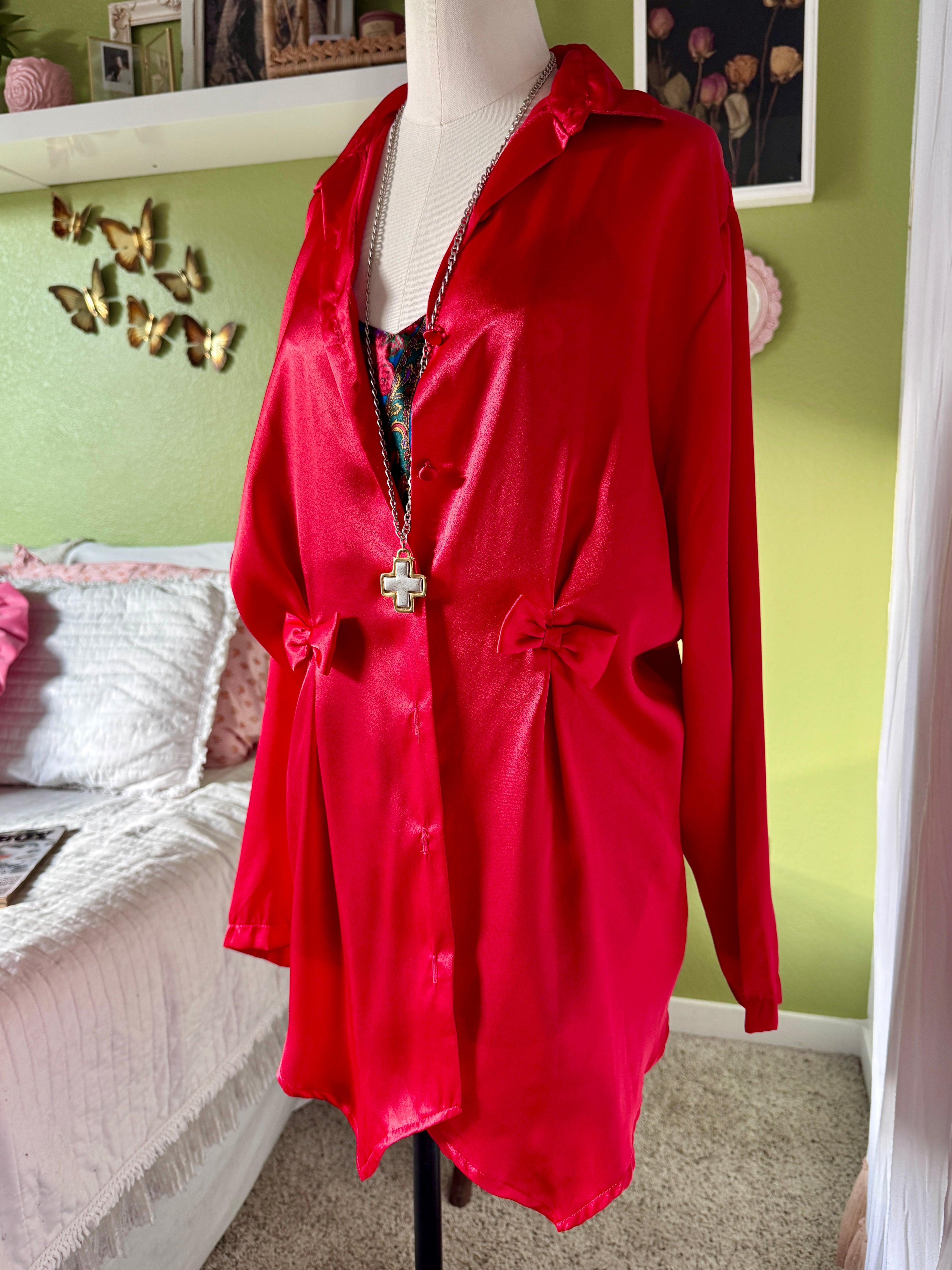 80s Red Satin Bow Button Up