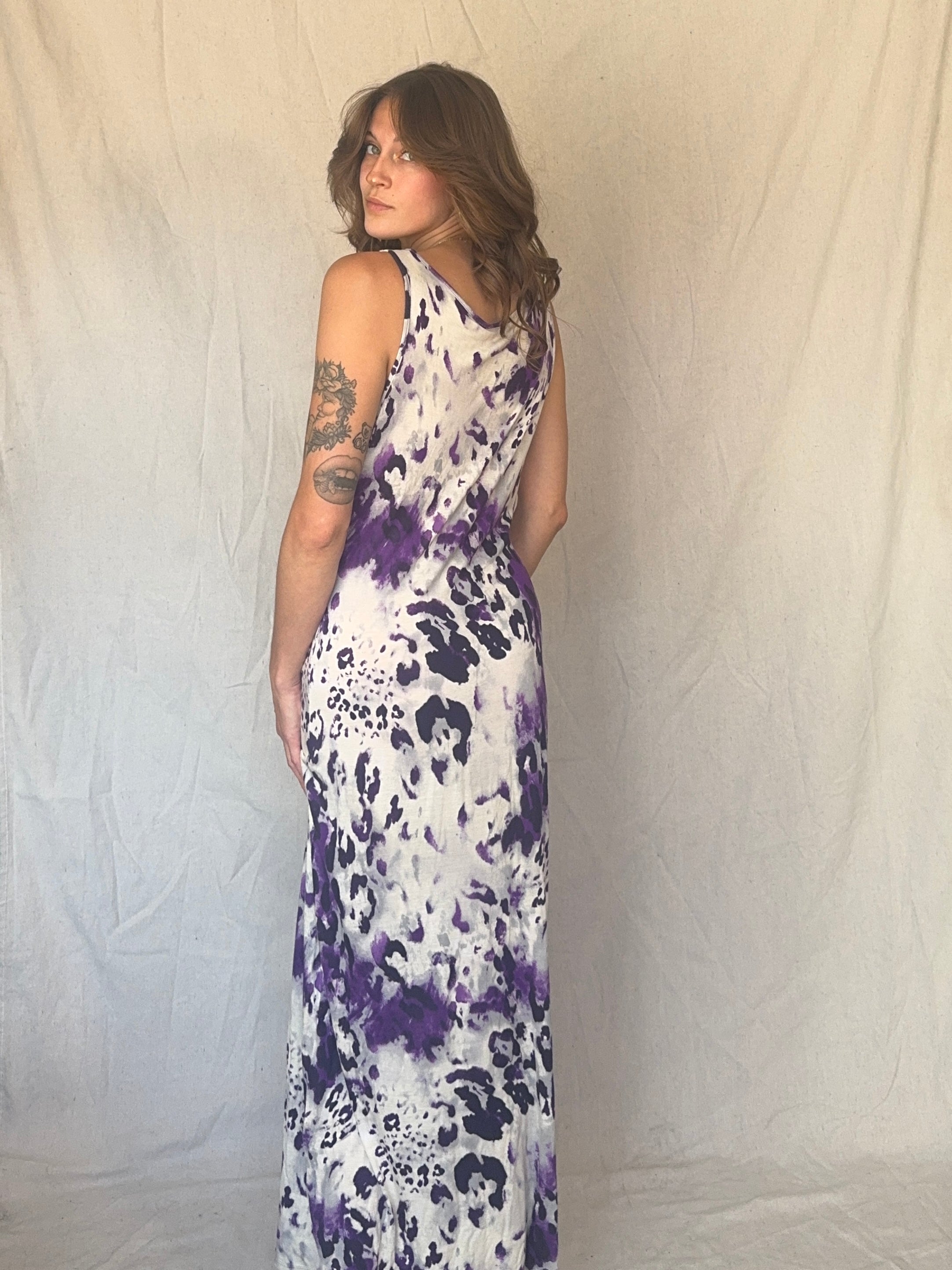 90s Purple Leopard Print Maxi Slip Dress